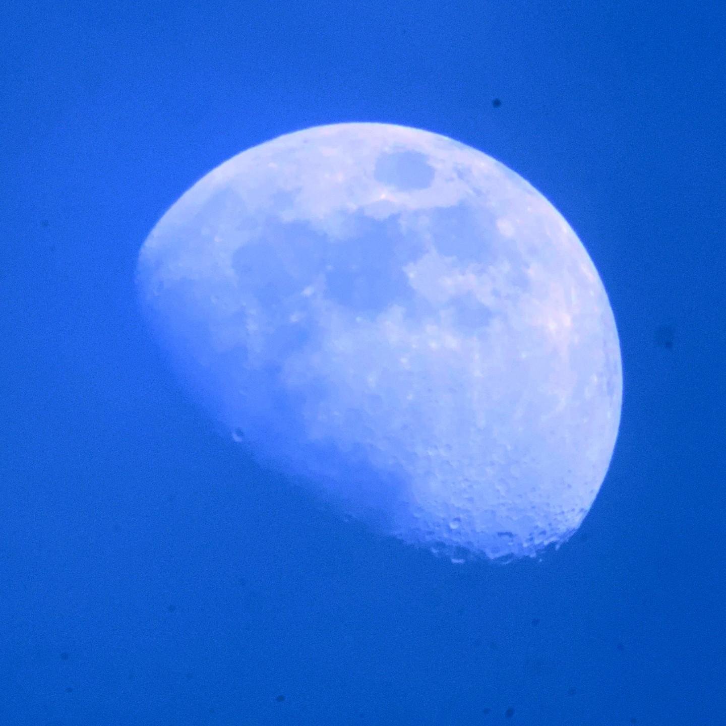 This image shows a view of the Moon against a blue sky. The Moon appears partially illuminated, likely in a gibbous phase.