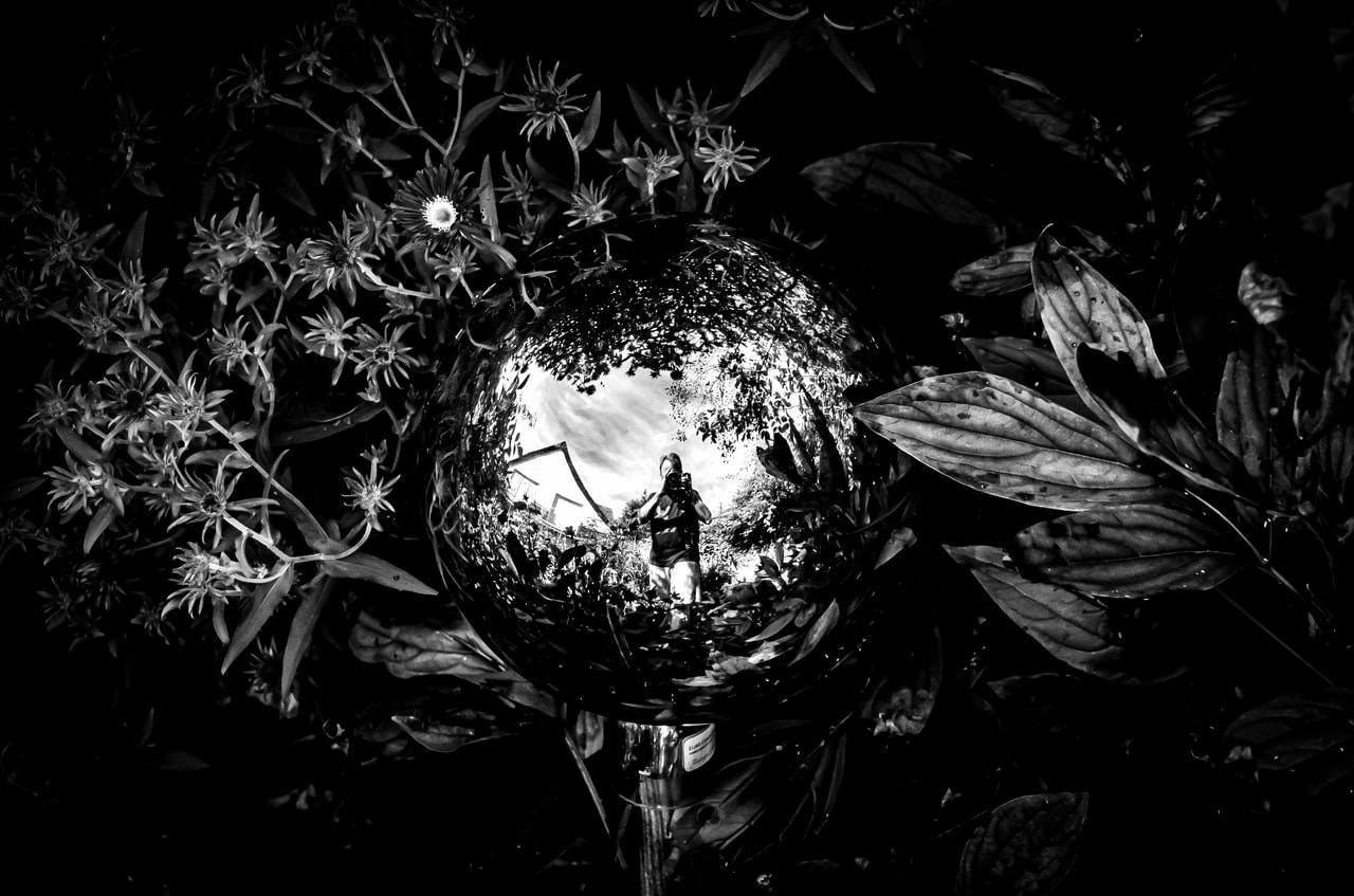 Mirror ball reflecting a person standing amidst foliage, surrounded by various plants and flowers, all in black and white.
