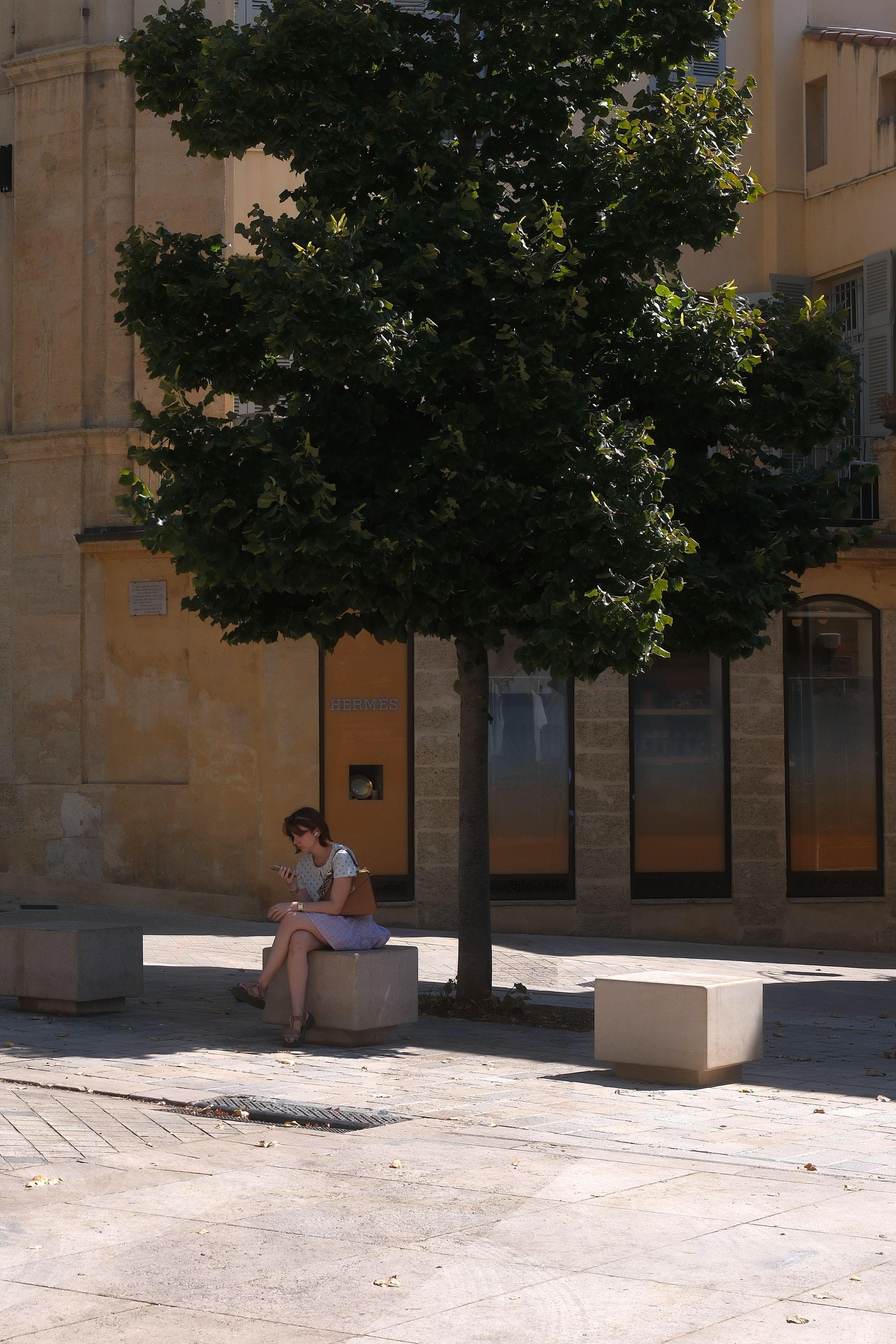 Portrait format photo of a woman sitting on a stone cube bench under a very big tree’s shadow in a very sunny day. She’s wearing a pale green top and a pale purple skirt, a brown handbag is on her left shoulder and she’s looking at her smartphone in her right hand