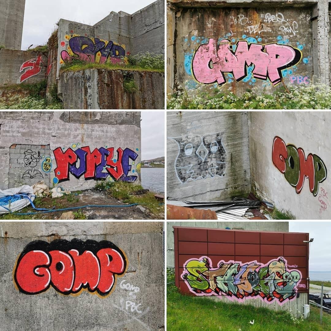 Six-photo collage of graffiti tags on weathered concrete walls outdoors, three of them show the letters "GOMP"
