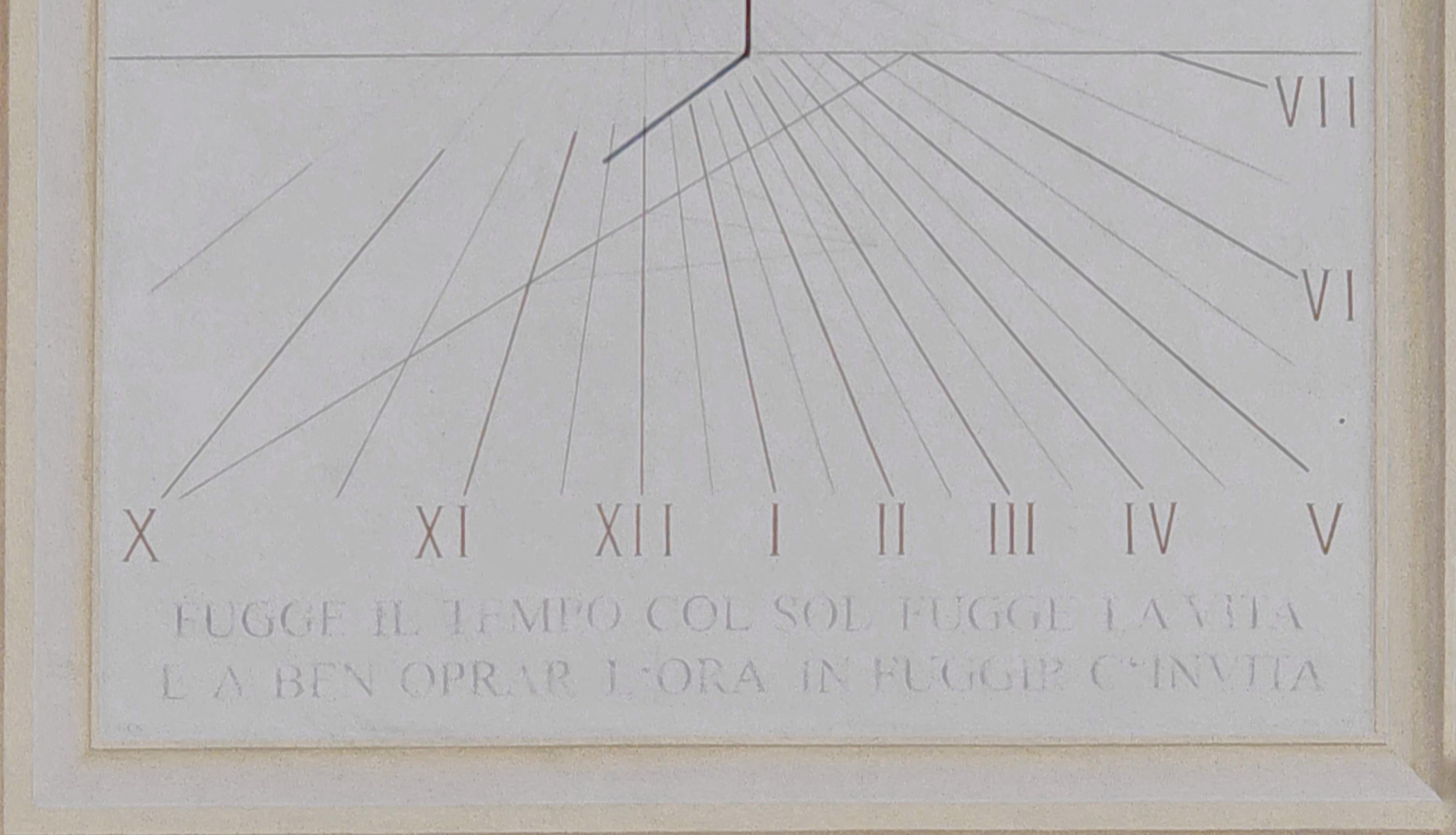 Meridiana.

This image shows a sundial with Roman numerals indicating the hours. Below the numerals, there's an Italian inscription: "Fugge il tempo col sol fugge la vita, la ben oprar l'ora in fugge c'invita," which translates to "Time flies with the sun, life flees. The hour invites us to do good while it flies."