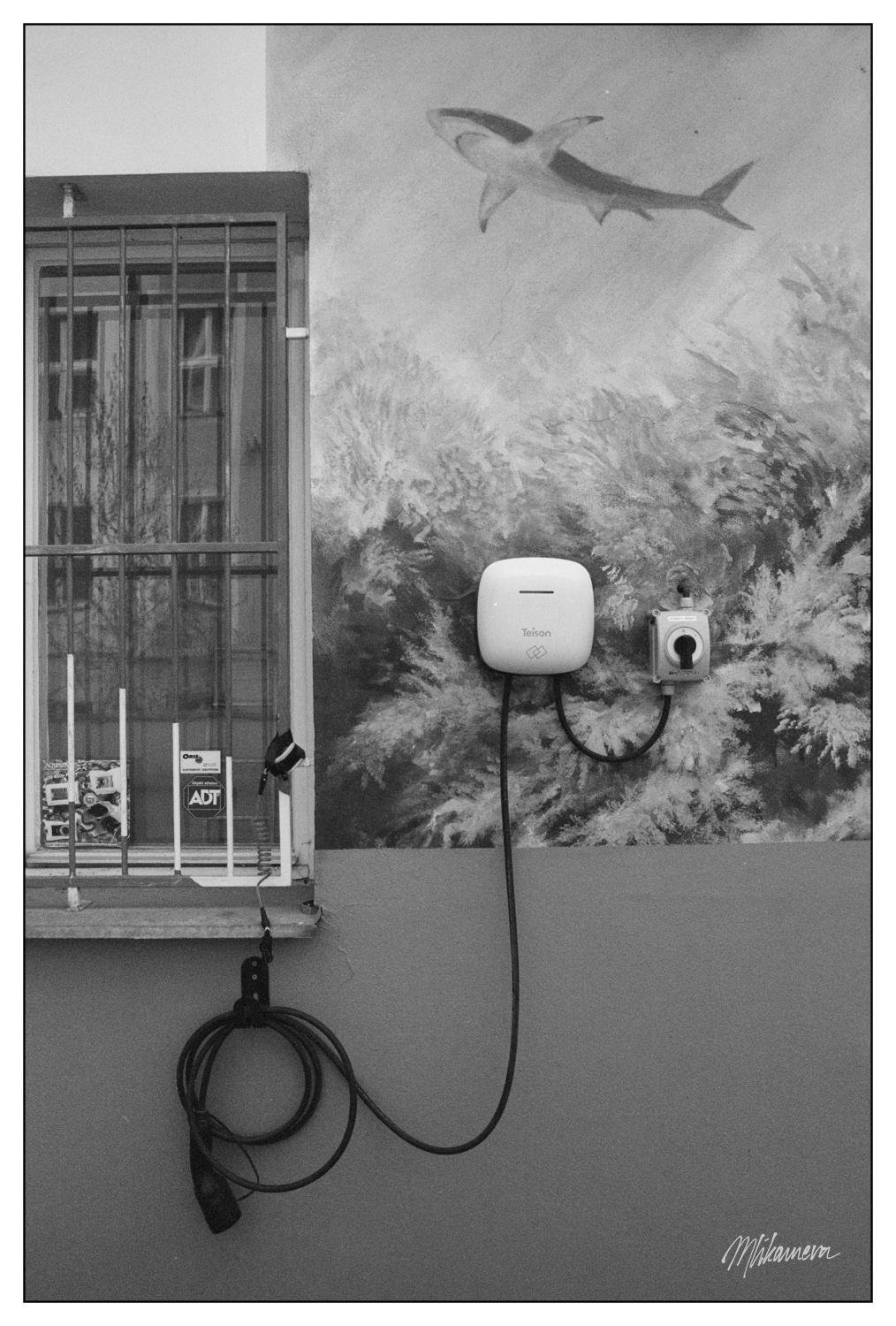 Electric vehicle charging station mounted on a wall featuring a mural of a shark swimming above ocean foliage. A coiled charging cable hangs below the device. To the left, a barred window displays various security stickers.