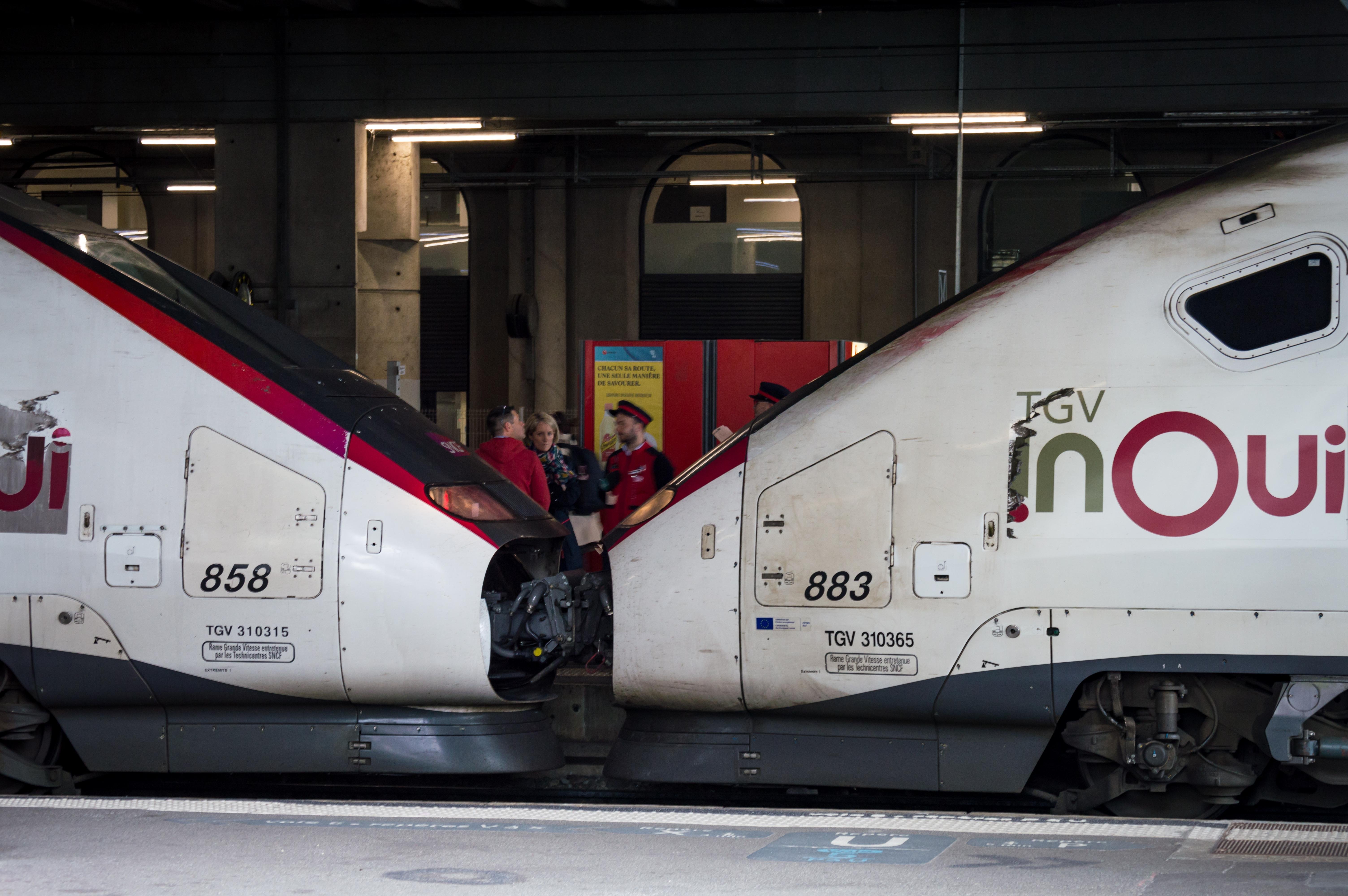 Two coupled TGV Duplex trains. Behind the coupler, there are SNCF workers assisting passengers