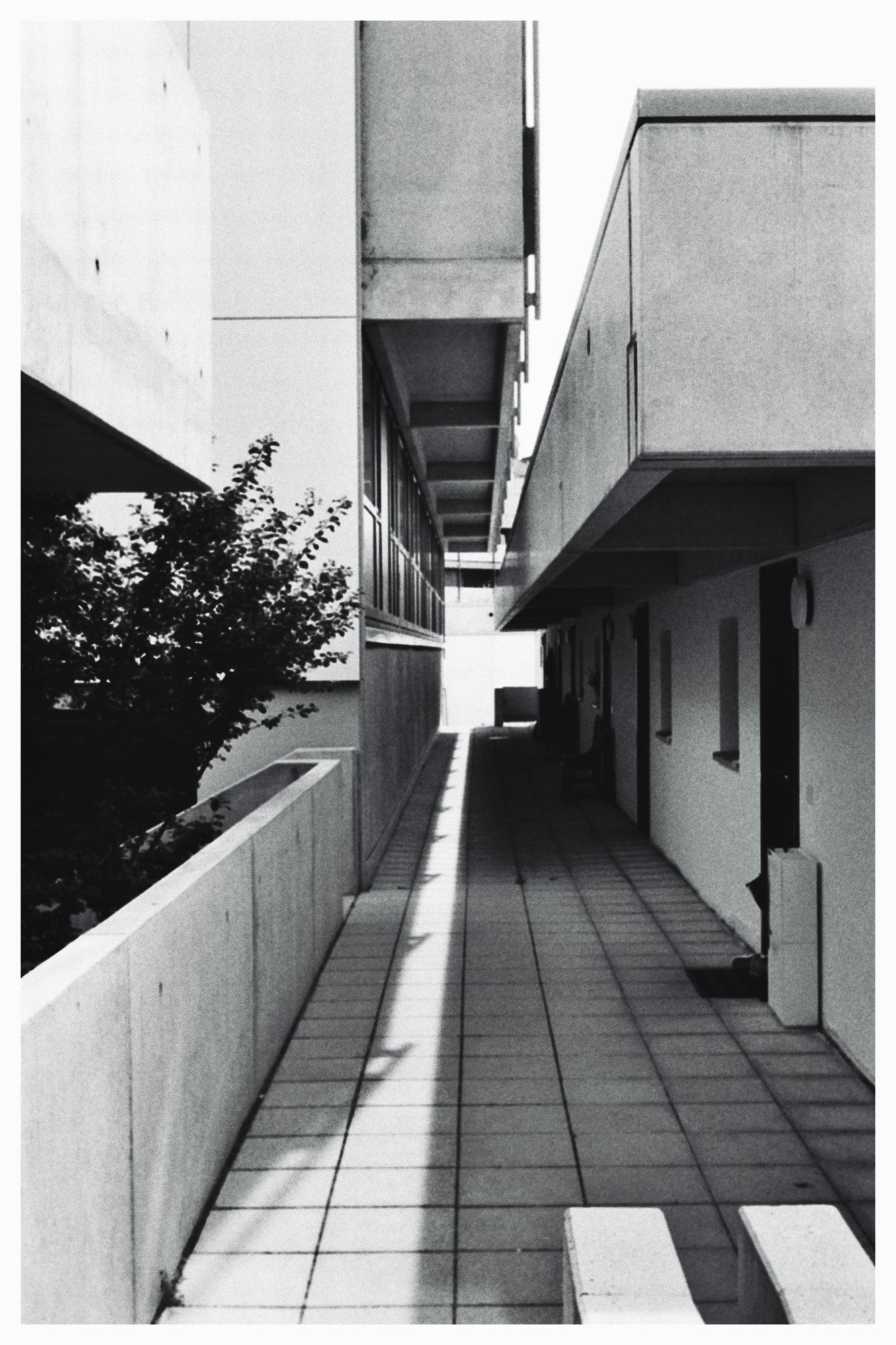 Narrow walkway between modern concrete buildings, casting long shadows on the tiled ground. A small tree is visible to the left. The perspective creates a sense of depth, leading towards a bright light source at the end of the path. Black and white composition enhances contrast and structure.