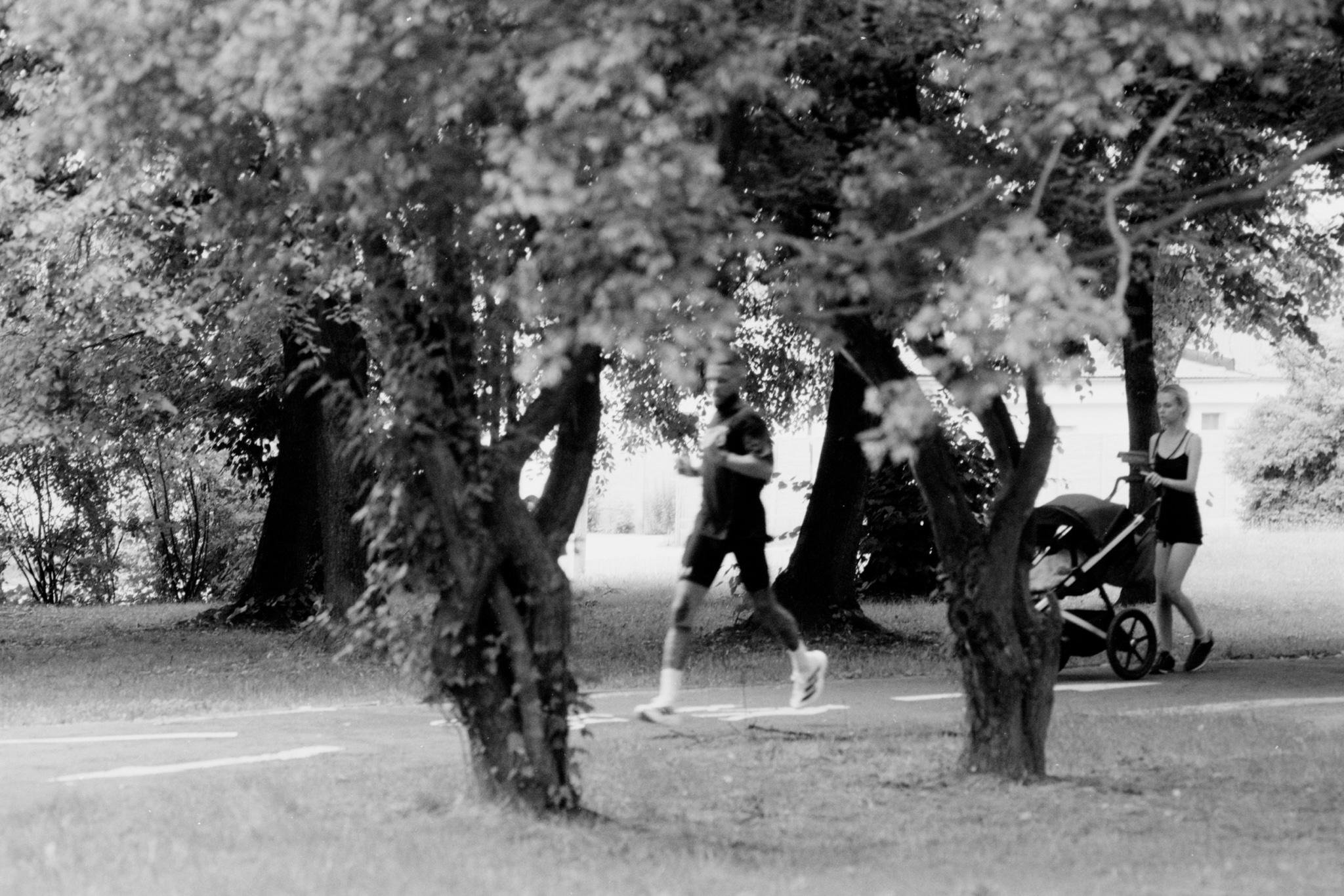 Black-and-white photo of a tree-lined park path with a jogger in the center and a woman pushing a stroller on the right, partially framed by large tree trunks and dense foliage.