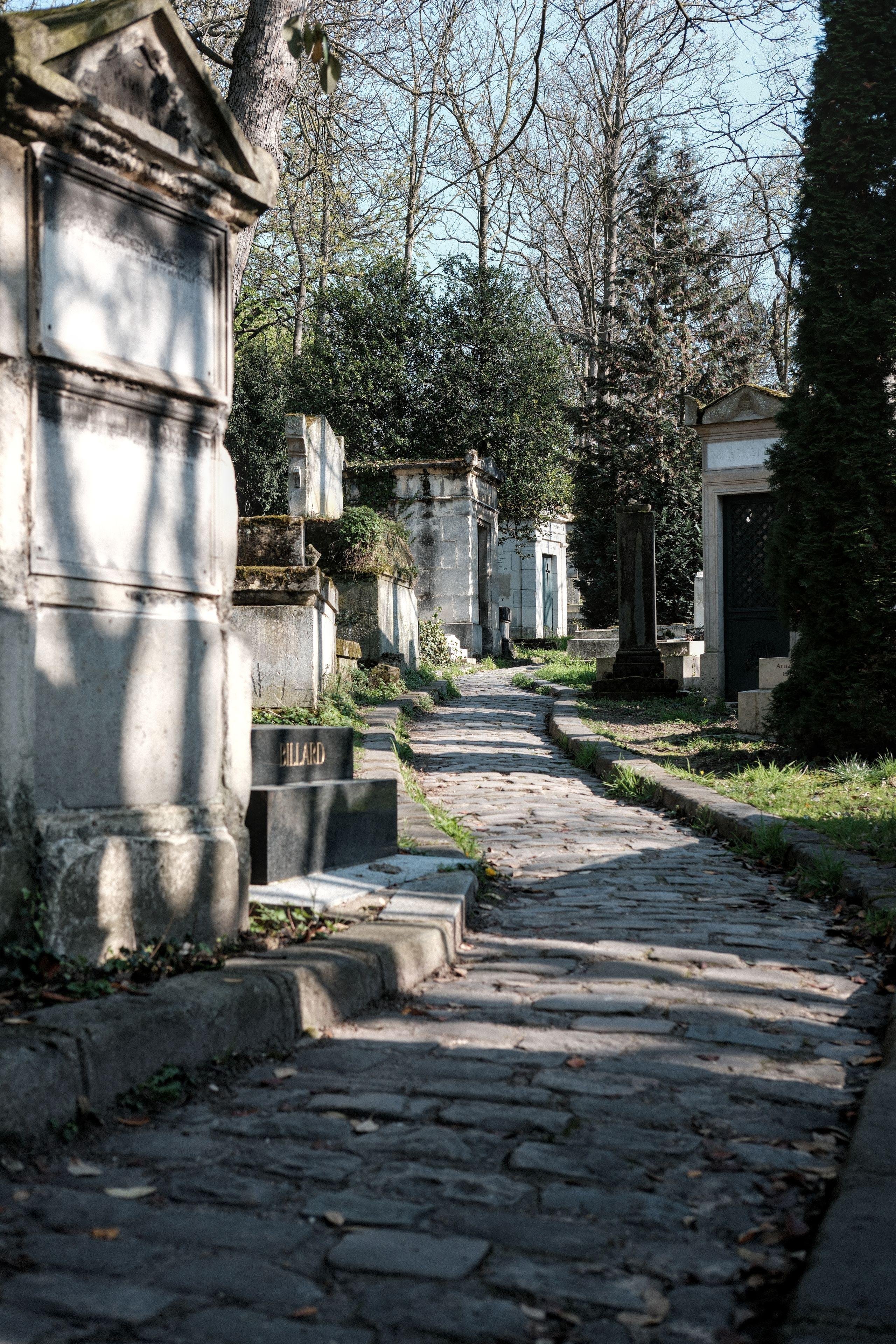 Photo verticale. Un chemin pavé sillonnant entre des mausolés