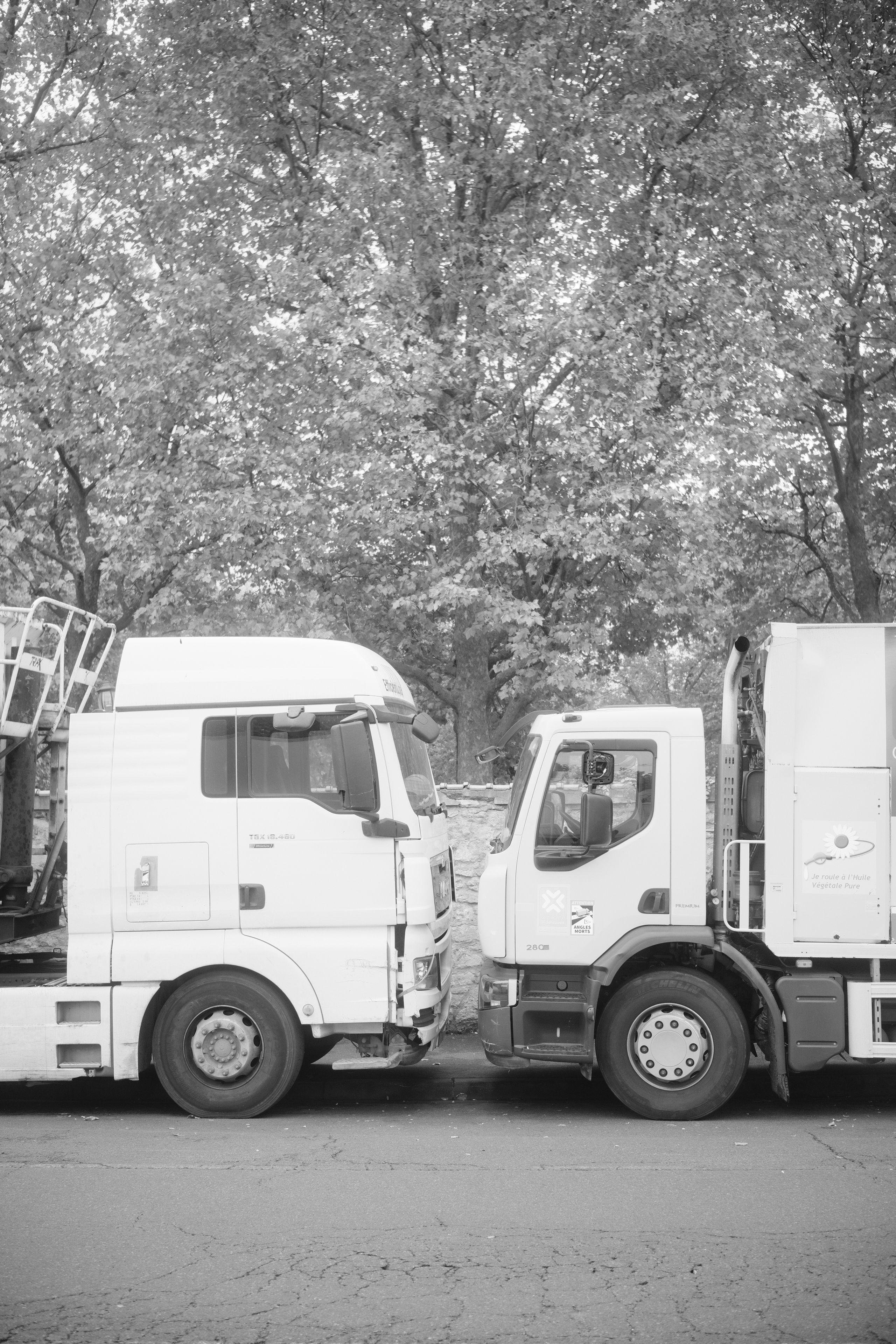 Photo portrait en noir et blanc, montrant 2 cabines blanches de camion garés face à face, sous plein d’arbres qui cachent le ciel