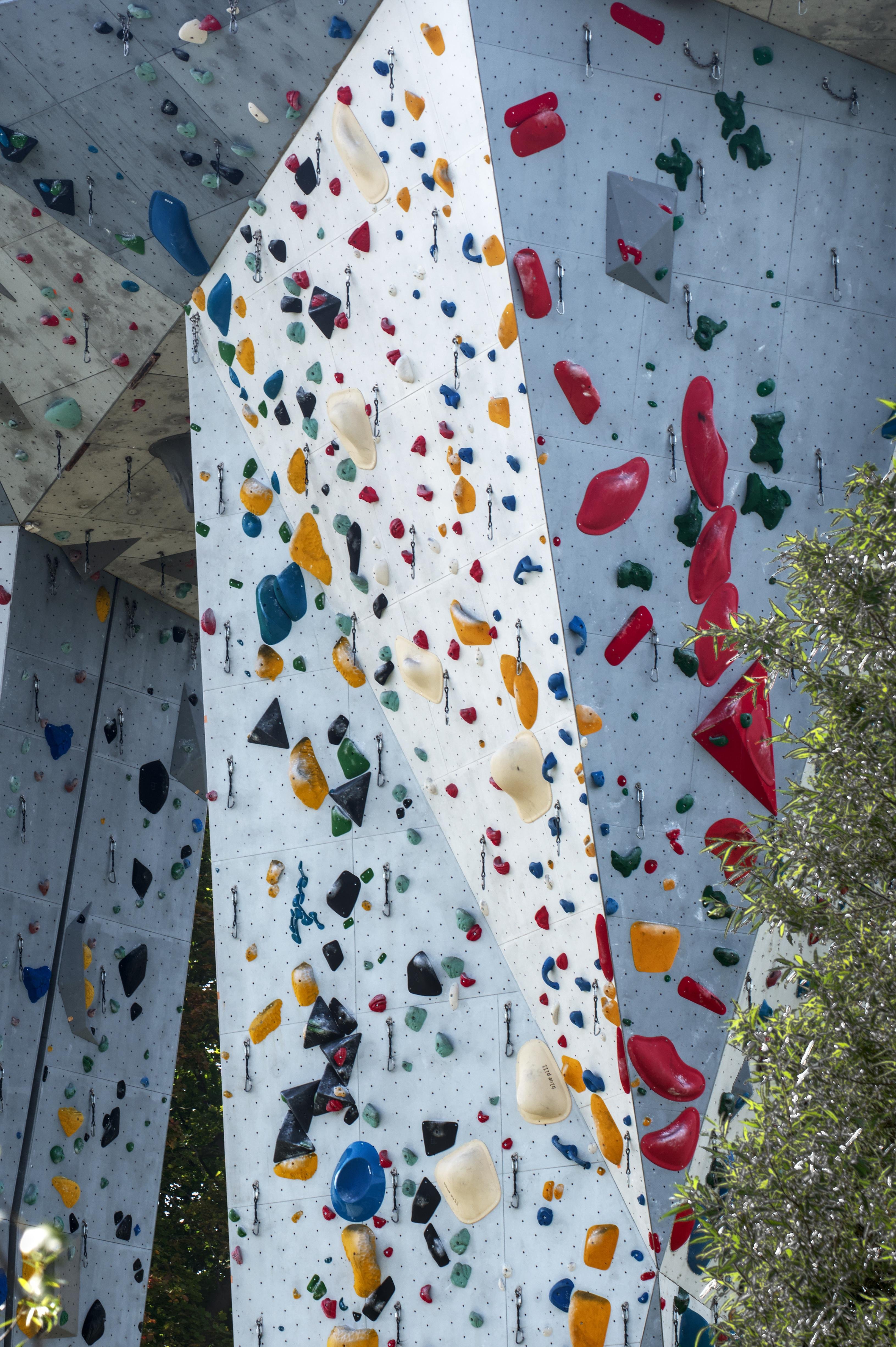 Large outdoor climbing wall with various colorful handholds and footholds, including red, blue, yellow, green, and black. The wall features multiple angled surfaces and climbing routes. Trees and leaves are visible in the bottom right corner.
###
Große Kletterwand im Freien mit verschiedenen bunten Griffen und Standbeinen, darunter Rot, Blau, Gelb, Grün und Schwarz. Die Wand verfügt über mehrere abgewinkelte Flächen und Kletterrouten. Bäume und Blätter sind in der rechten unteren Ecke sichtbar.