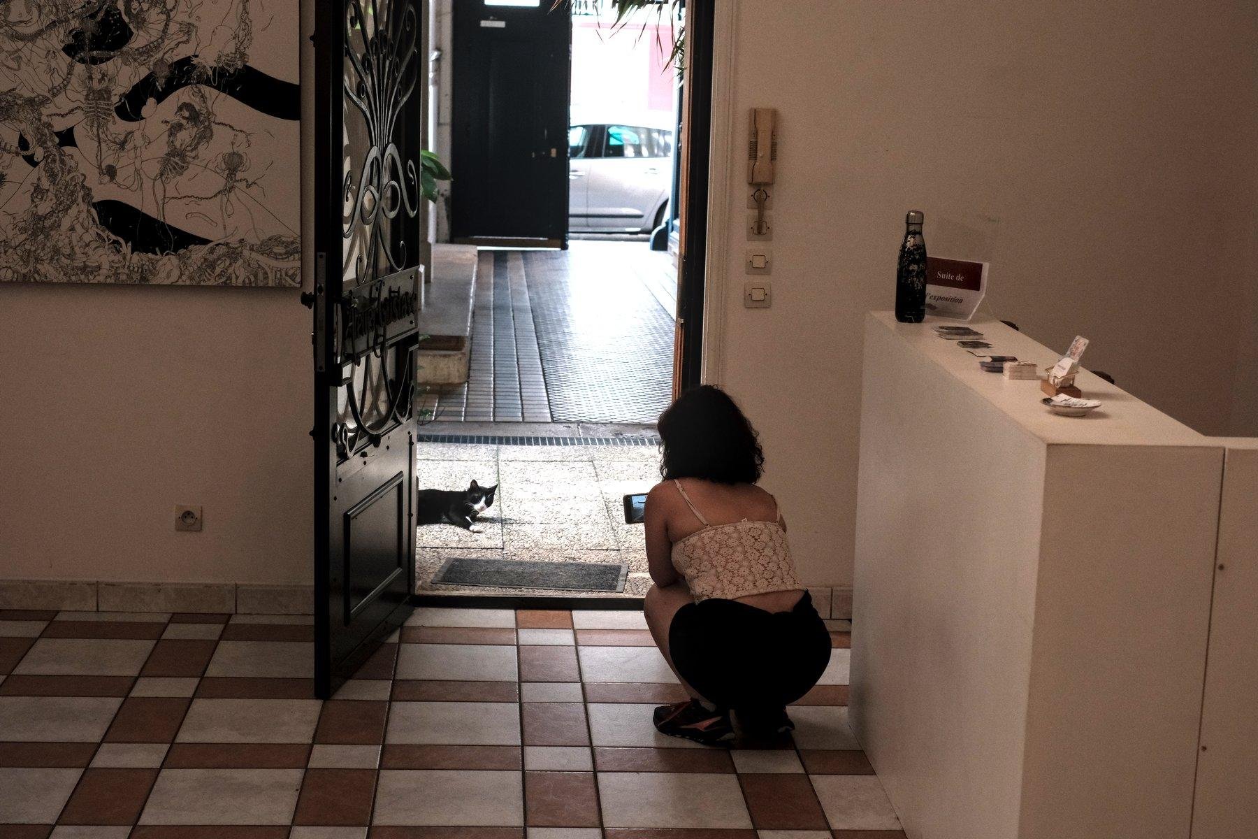 Photo horizontale. À l’entrée d’une galerie d’art, une jeune femme en débardeur blanc et short noir, est accroupie avec son téléphone sur stabilisateur et film un chat couché dehors dans un hall d’immeuble
