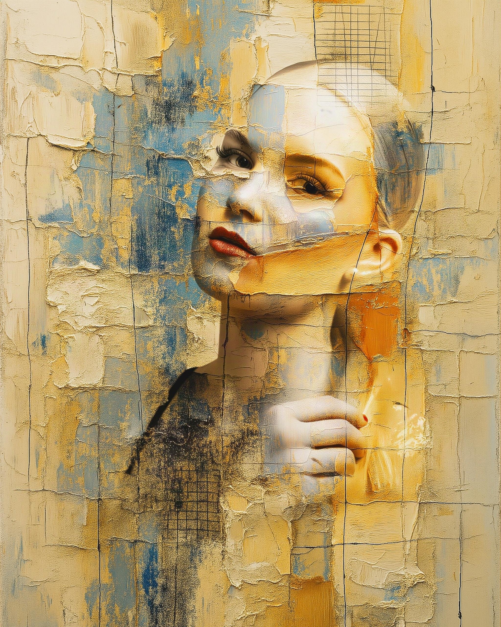 A woman's face partially obscured by abstract texture overlays with rough, cracked surfaces in shades of blue, yellow, and beige. Her expression is calm, with soft lighting highlighting her eyes and red lips. Her hand is resting gently near her chin, with visible brushstroke patterns creating a layered effect over the image.
