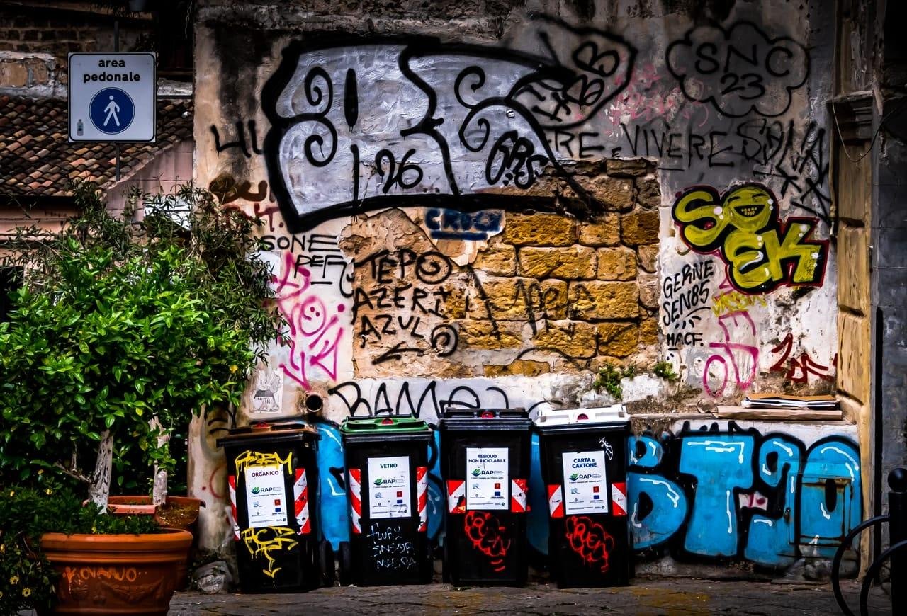 Graffiti-covered stone wall with faded plaster and exposed bricks, behind a row of four wheeled trash bins with labels; a large potted shrub sits on the left below a blue “area pedonale” pedestrian-zone sign, and blue spray-painted letters run along the lower wall.