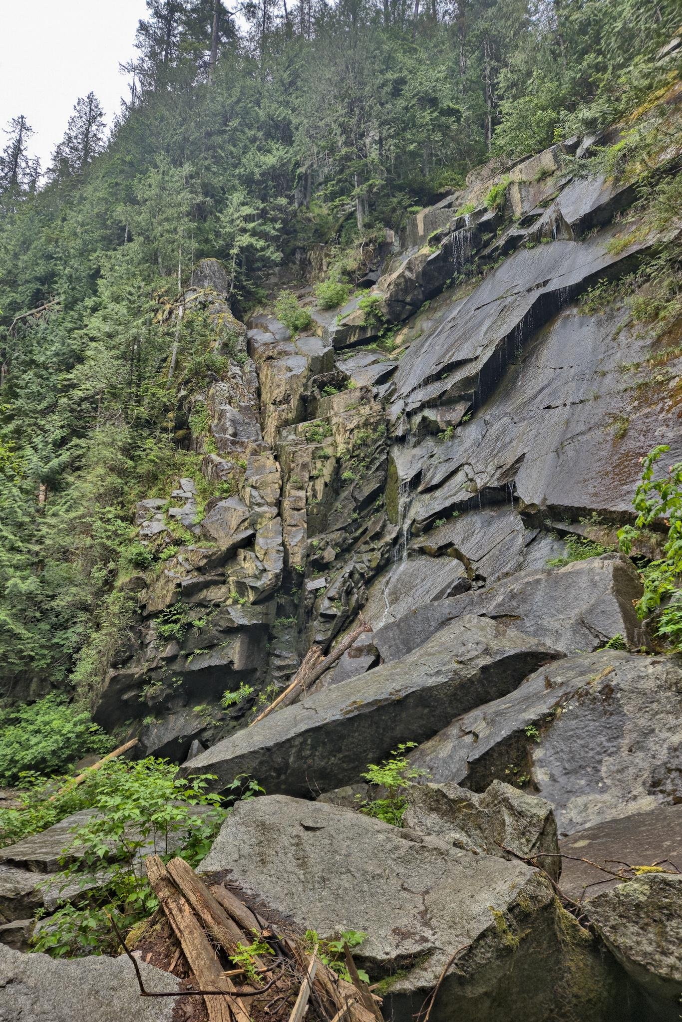 Steep rocky cliff with dark, wet stone faces and scattered boulders at the base, surrounded by dense evergreen forest; thin streams of water trickle down the rock surface.