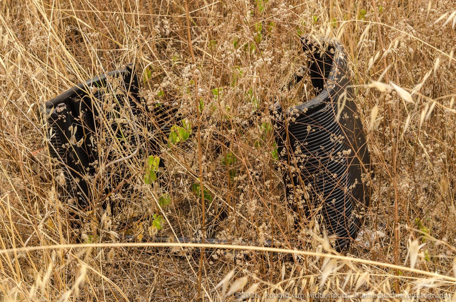 Black plastic furniture partially hidden among tall dry grass and weeds.