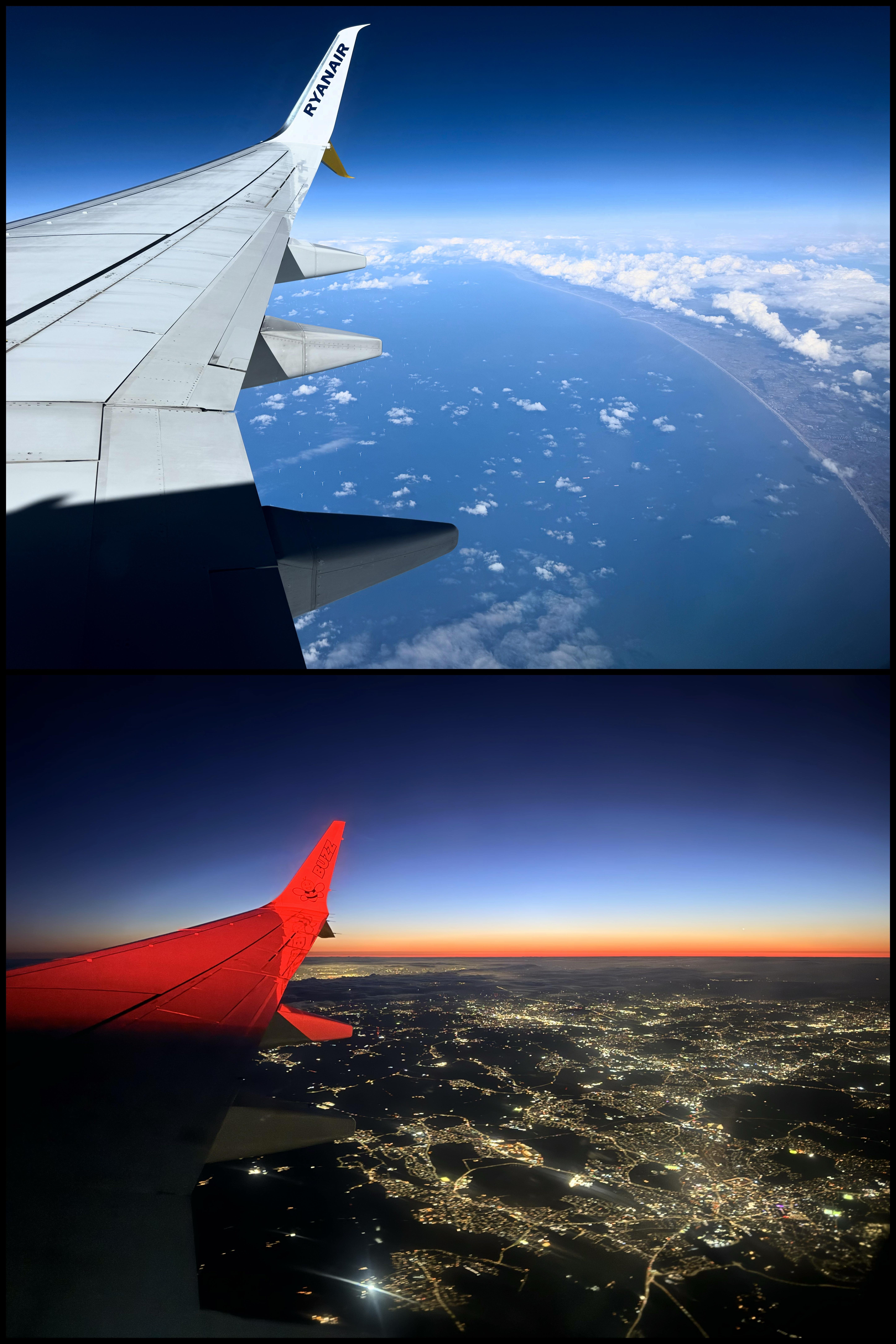 The image contains two separate photos taken from airplane windows. The top photo shows the wing of a plane flying over a coastline with a view of the sea and some clouds. The bottom photo shows the wing of another plane flying over a city with lights visible at dawn, and a colorful horizon.