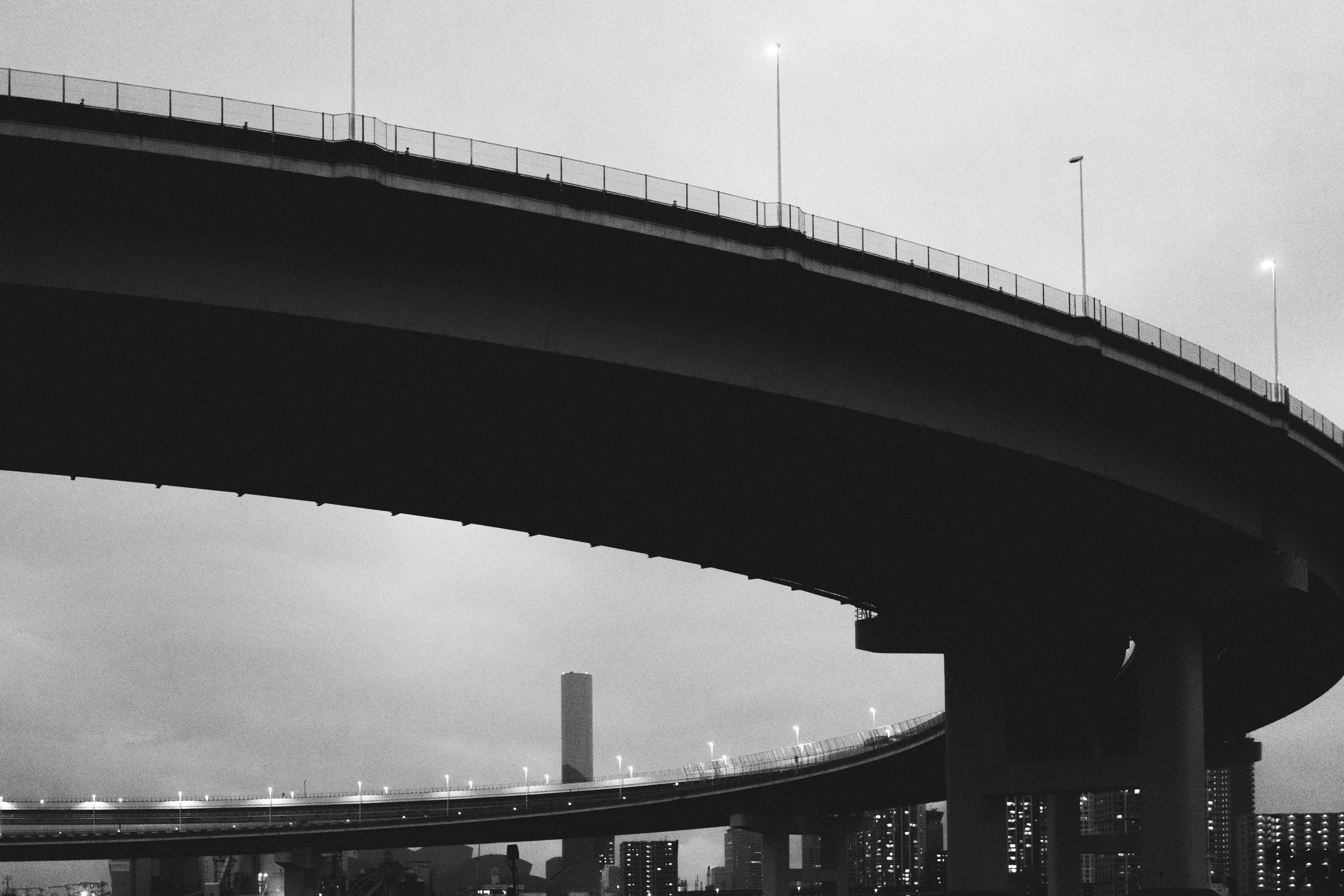A monochrome image of a large, elevated highway or overpass curving through the scene. The structure is supported by tall pillars. Streetlights line the top of the highway, casting light against the cloudy sky. In the background, multiple high-rise buildings are visible, adding to the urban setting. The image is shot from a low angle, emphasizing the scale of the highway.