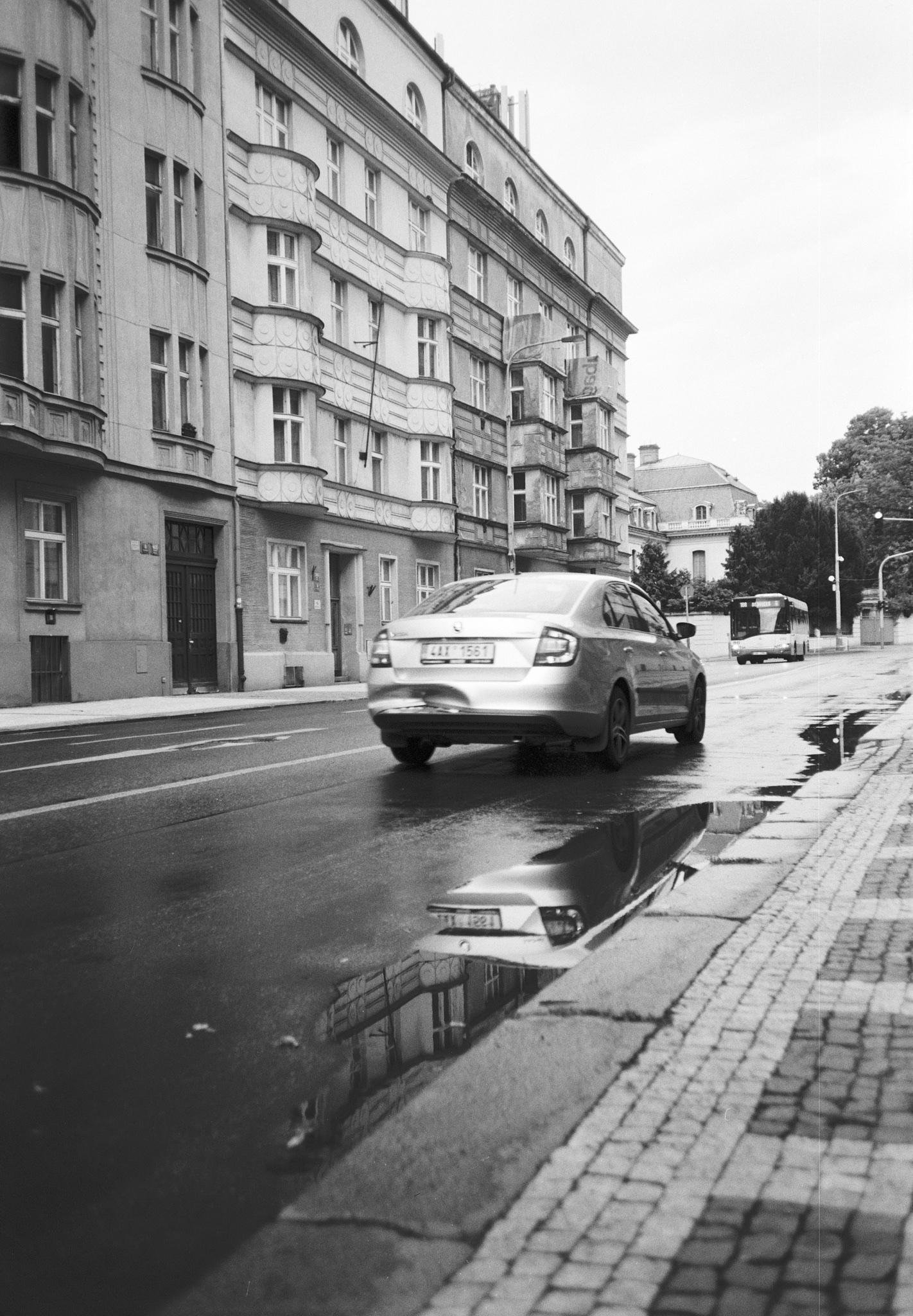 Black-and-white street scene with ornate multi-story apartment buildings on the left, a car driving away on a wet road, and a long puddle along the curb reflecting the car and building façade; sidewalk paving in the foreground and a bus in the distance.