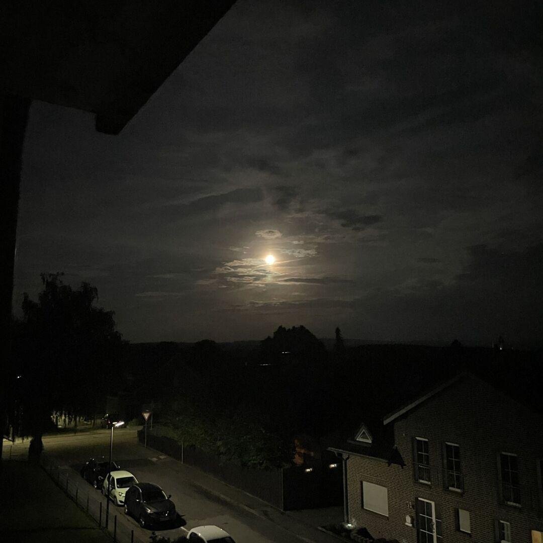 Der Mond am dunklen Abendhimmel.
Man sieht sieht einige Wolken im Mondlicht, im Hintergrund einige Bäume und Sträucher fast komplett in Schwarz. Einige Autos stehen unter einer Laterne am Straßenrand. Auf der rechten Seite ein Wohnhaus.