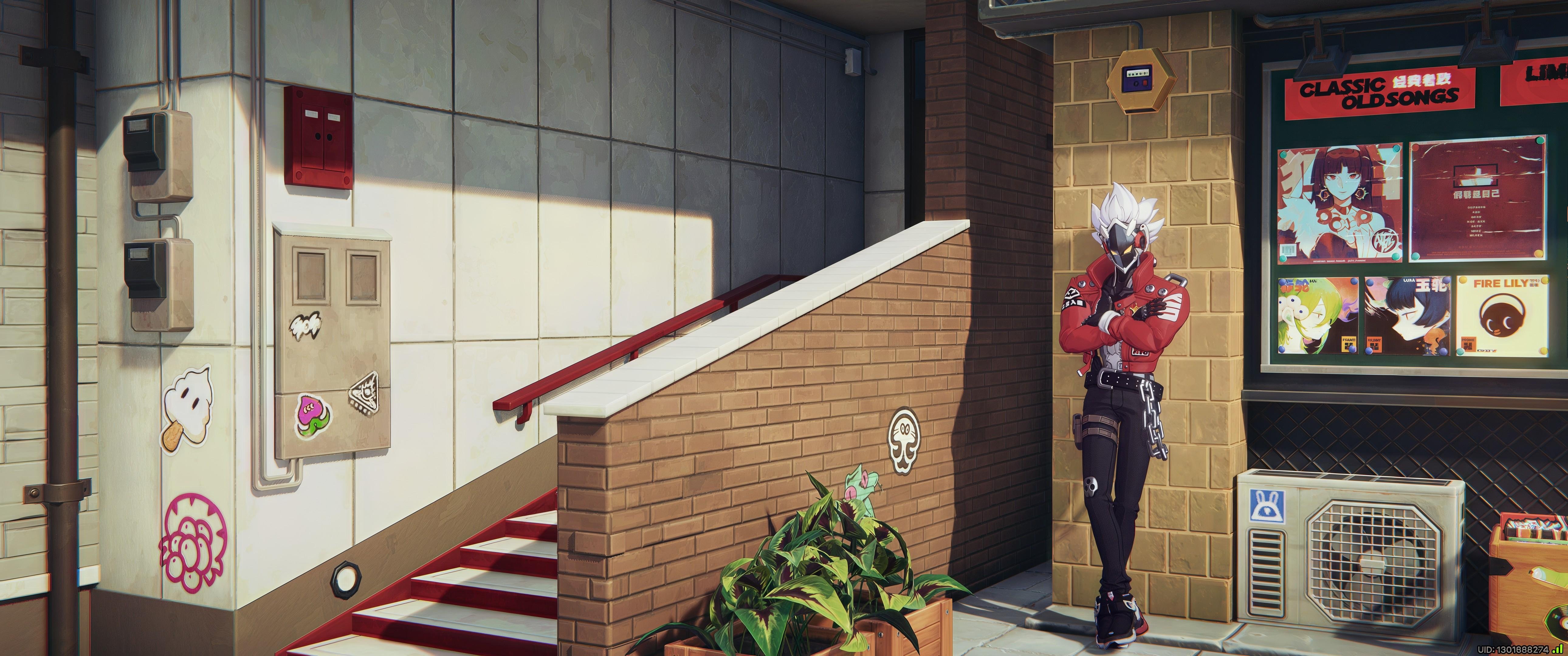 This image features an animated scene. There is a figure with spiky white hair, wearing a red jacket and black pants, leaning against a brick wall. The wall has posters, one of which says "CLASSIC OLD SONGS." Nearby, there are some plants in planters, an air conditioning unit, and graffiti on the walls, including a small chicken and a watermelon slice. The scene appears to be set in an urban environment.