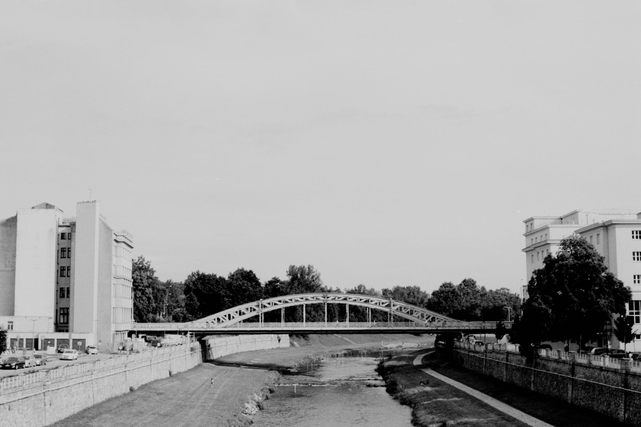 Black-and-white view of a shallow river channel with a metal arch bridge centered in the frame, low water exposing the riverbed, and mid-rise buildings and tree-lined banks on both sides.