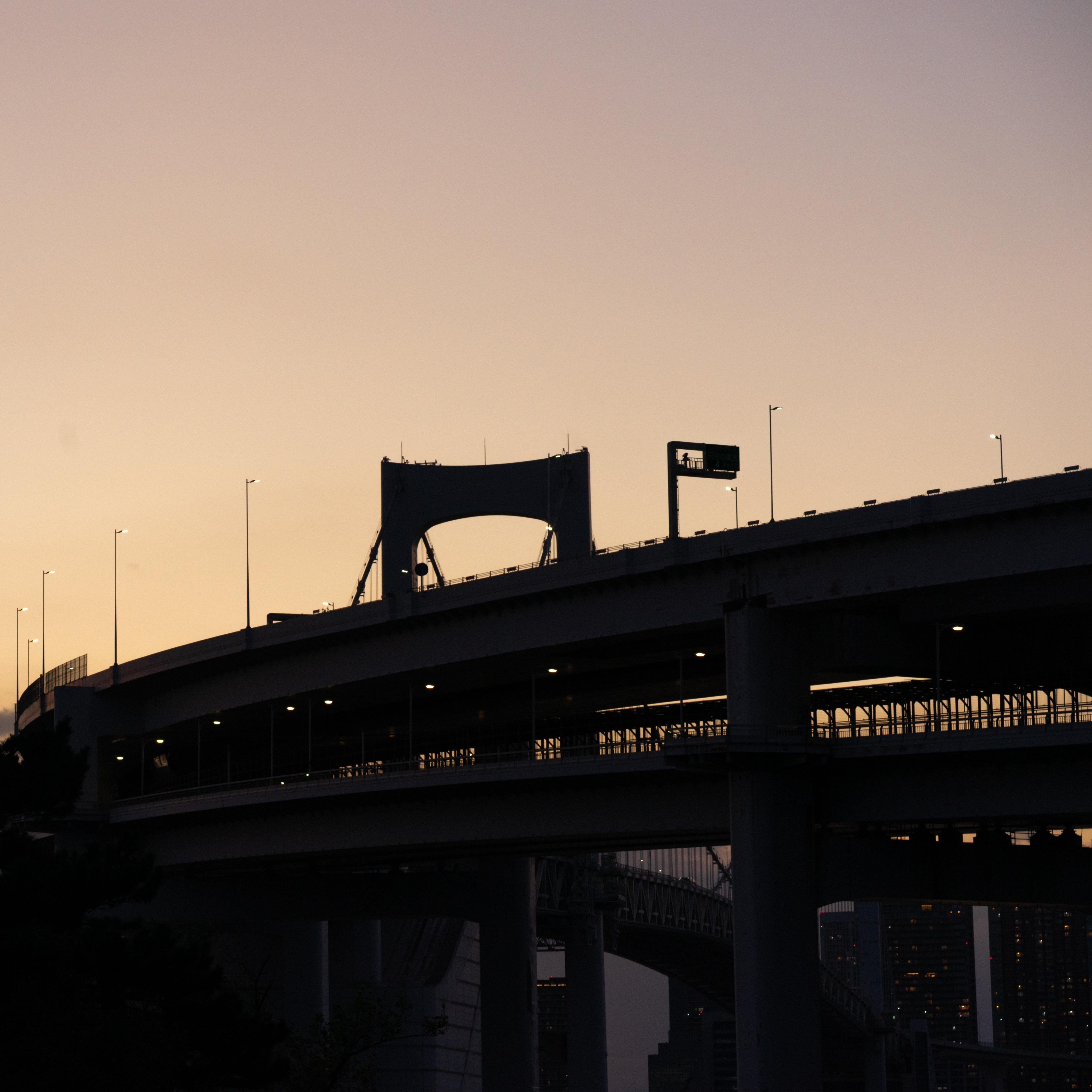 Silhouette of a highway bridge during twilight, with streetlights evenly spaced along its length. The sky is a gradient of warm colors, transitioning from light orange to deep purple. Bridge arch and support beams are visible against the sky. Dark outline of trees or foliage in the lower left corner.