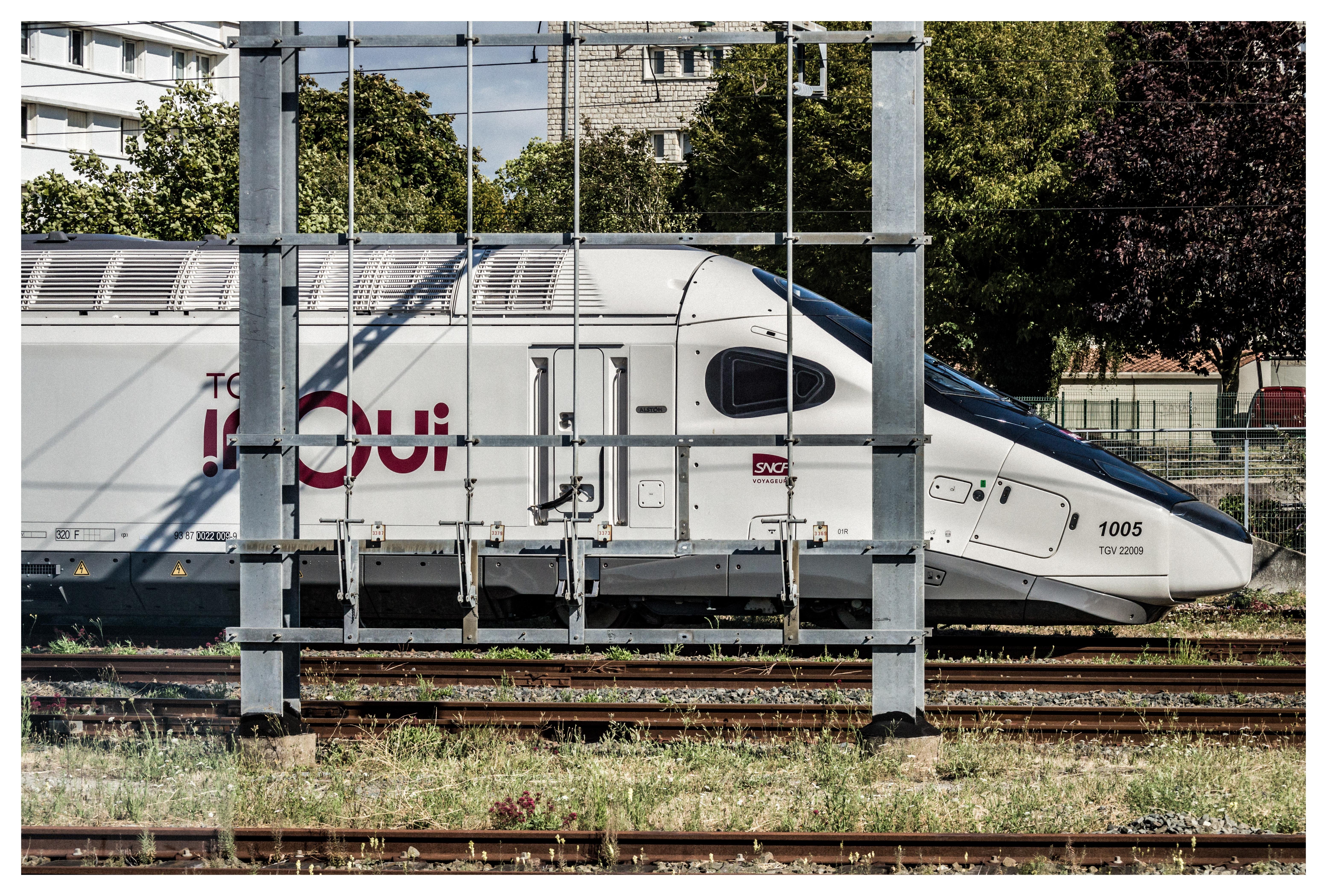 TGV near La Rochelle station photographed from a moving train