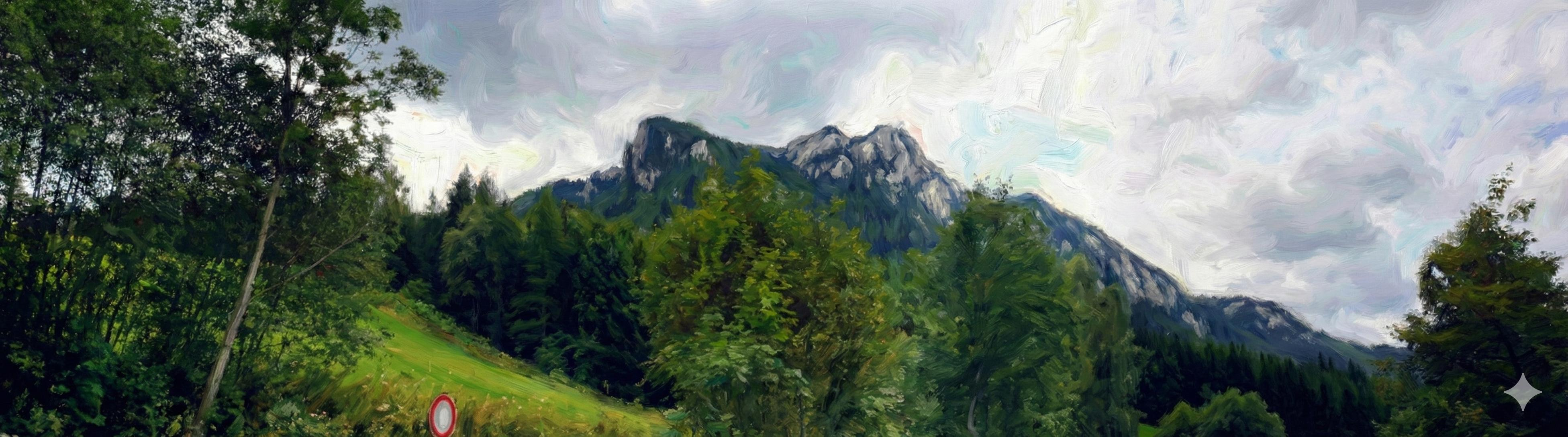 This is a wide-format, AI-generated painting in a textured, impressionistic oil style, based on a photograph taken during a hike in Steiermark, Austria. The landscape is dominated by a large, rugged mountain peak in the center-right, rendered with broad, visible brushstrokes that give the grey rock and green patches of vegetation a palpable texture. The foreground features lush, deep green trees on the left and center, with a vibrant green grassy slope below them. A small, circular red-and-white trail marker is visible near the bottom left corner. The sky above is filled with swirling, dynamic white and grey clouds, painted with heavy impasto techniques, creating a dramatic and movement-filled atmosphere. The entire scene conveys a sense of natural grandeur and artistic interpretation.