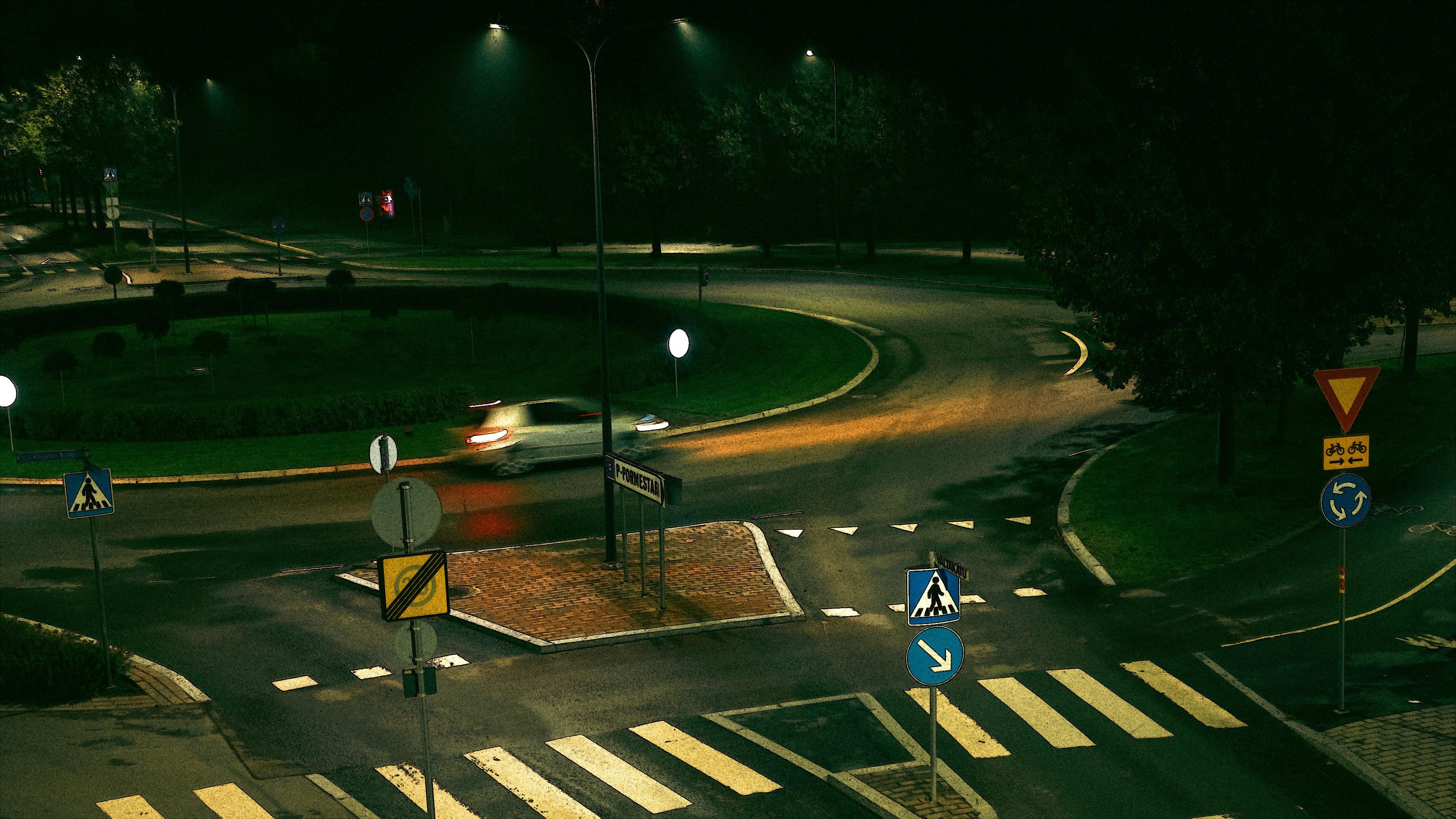 Nighttime view of a roundabout illuminated by streetlights. A car is driving through, leaving light streaks. Multiple road signs are visible, including pedestrian crossing, yield, and directional signs. The road surface appears wet, reflecting light, with surrounding greenery and a tree partially visible.