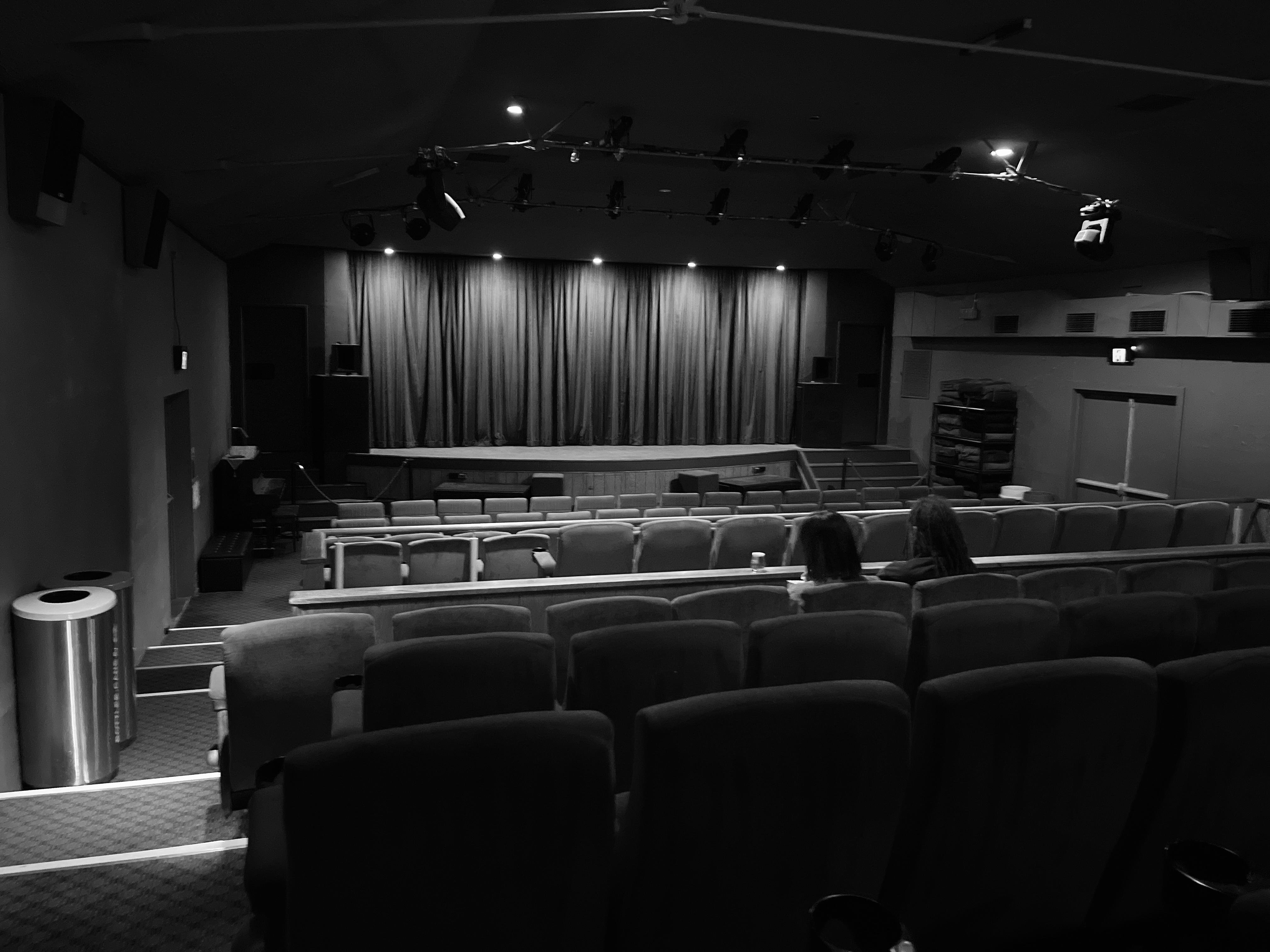 Empty theater with rows of cushioned seats facing a stage with closed curtains. Ceiling features multiple spotlights and speakers. Two individuals seated in one of the rows near the center. Walls lined with additional speakers and exit signs, with a stainless steel trash bin on the left. Black and white color scheme.