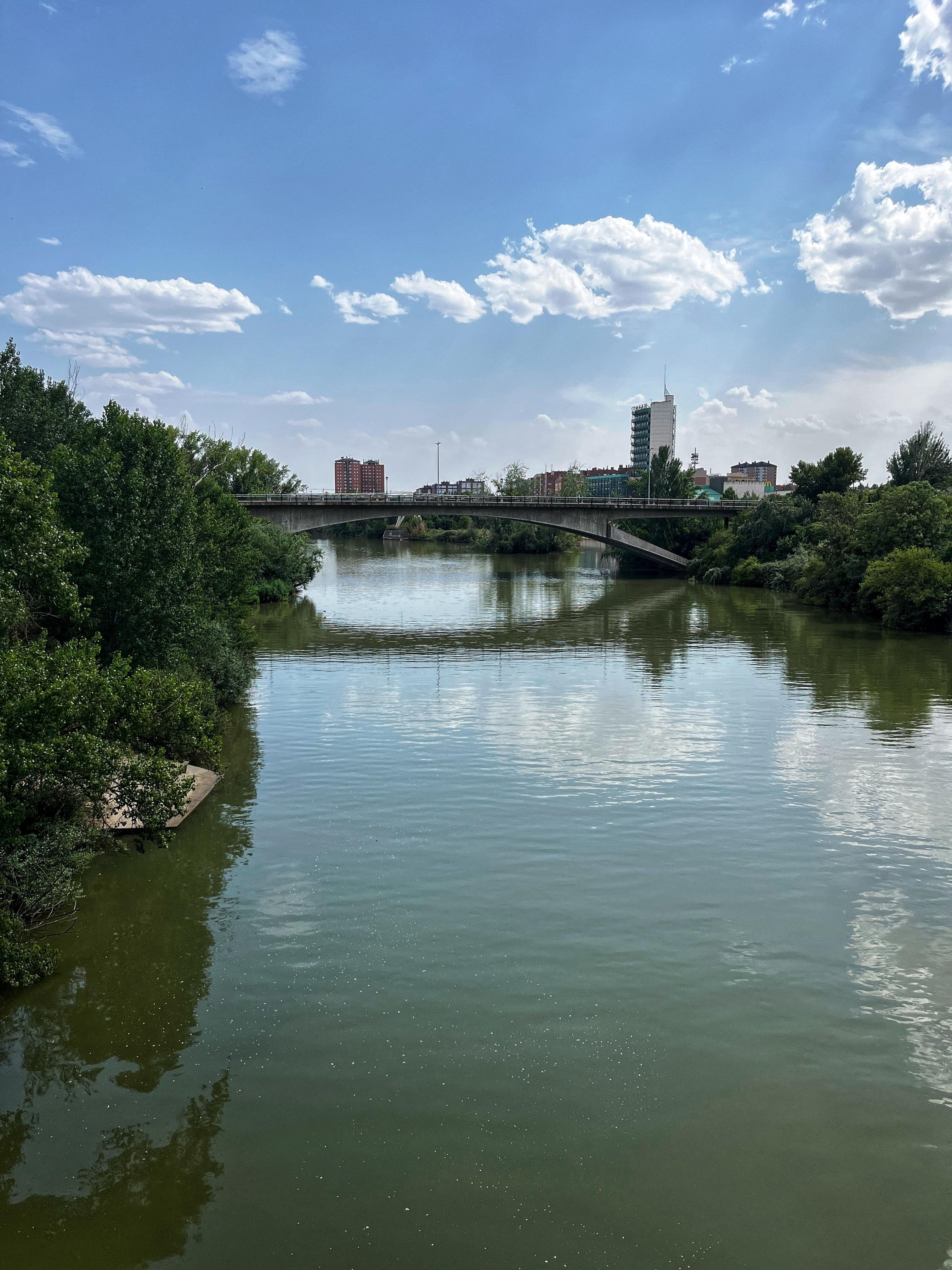 River reflecting the sky with scattered clouds. A bridge spans the river in the mid-ground, with tall buildings and lush trees on either side. Clear blue sky above.