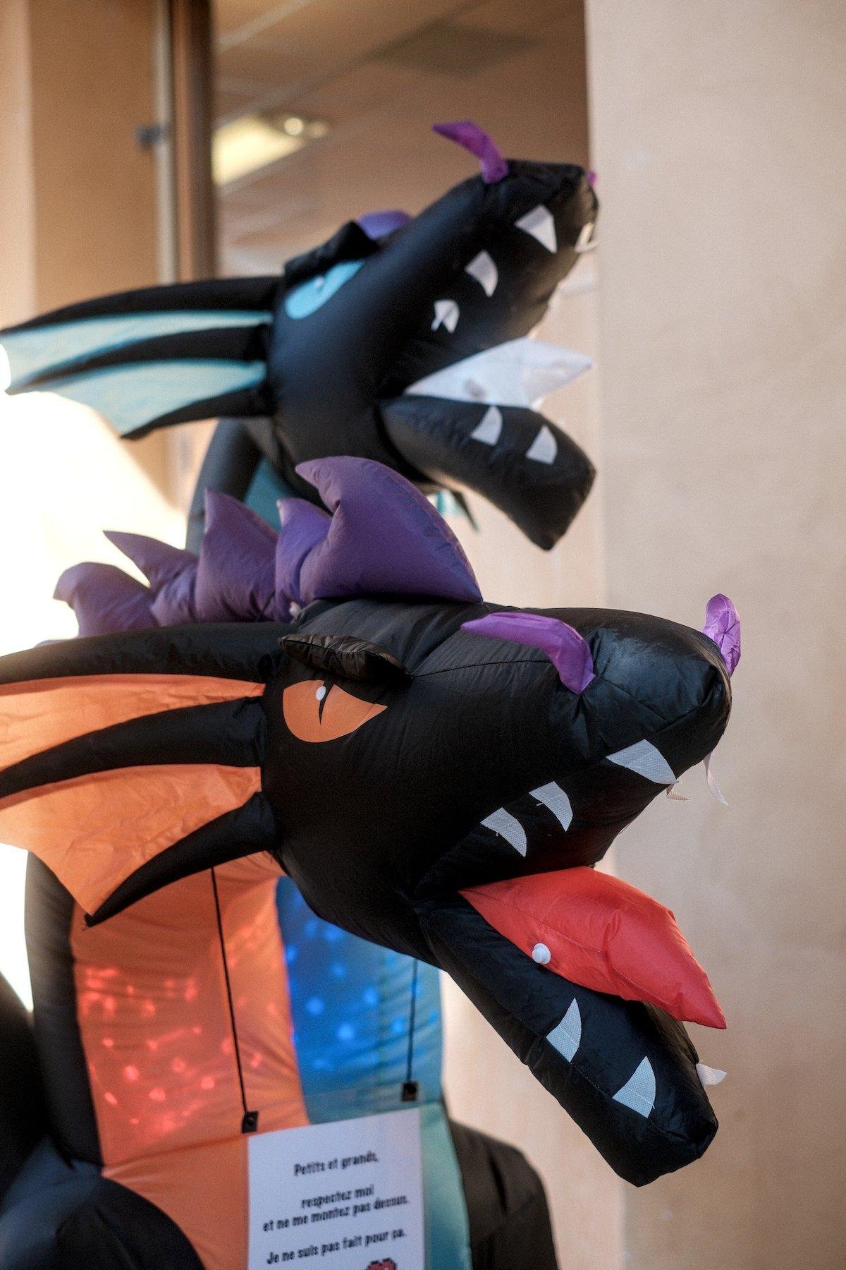 Photo verticale. Gros plan sur 2 têtes d’un dragon gonflable, la première noire, orange et violette à lange rouge, l’autre derrière noire, bleu et violette à langue blanche