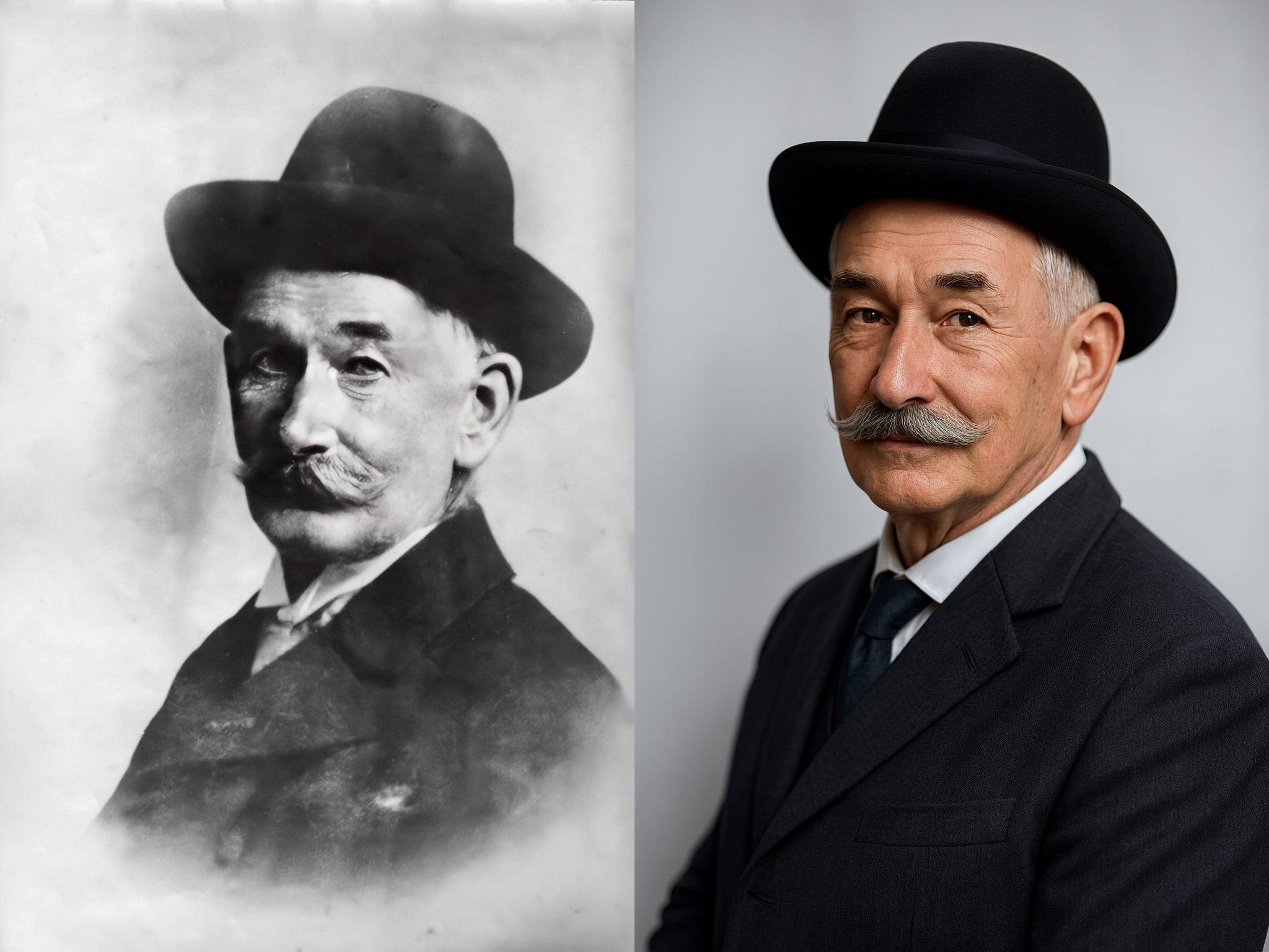 Black and white photograph on the left and color photograph on the right, both featuring an elderly man with a mustache wearing a bowler hat and a suit. The man in the black and white image appears older, with slightly softer focus, while in the color image, he is clearer, with defined features and a grey, textured background.