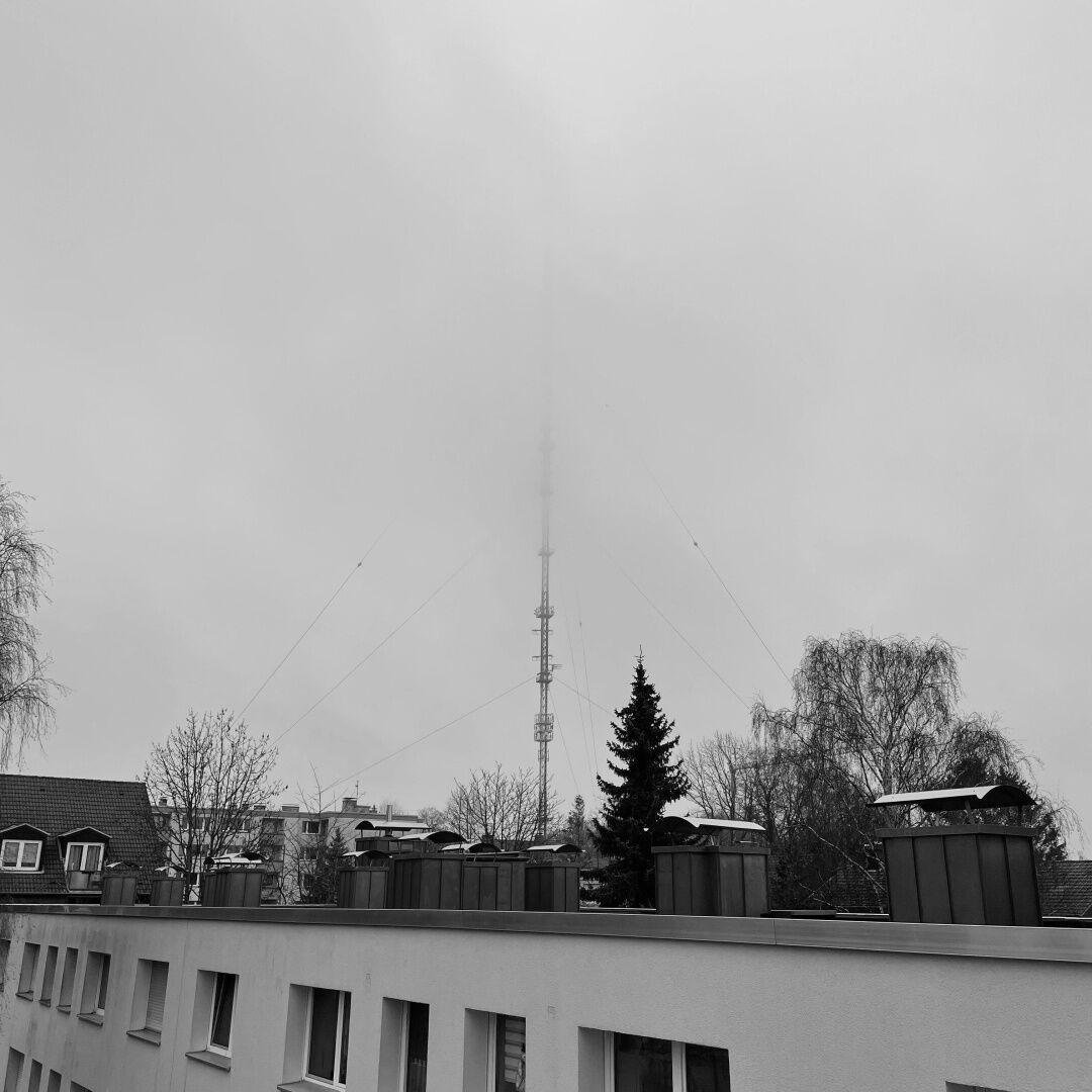 Ein Sendemast, der teilweise vom Nebel verdeckt ist. Man kann einige Baumkronen und Teile einiger Gebäude sehen. Im Vordergrund auf einem Dach sieht man mehrere Abluftschächte.