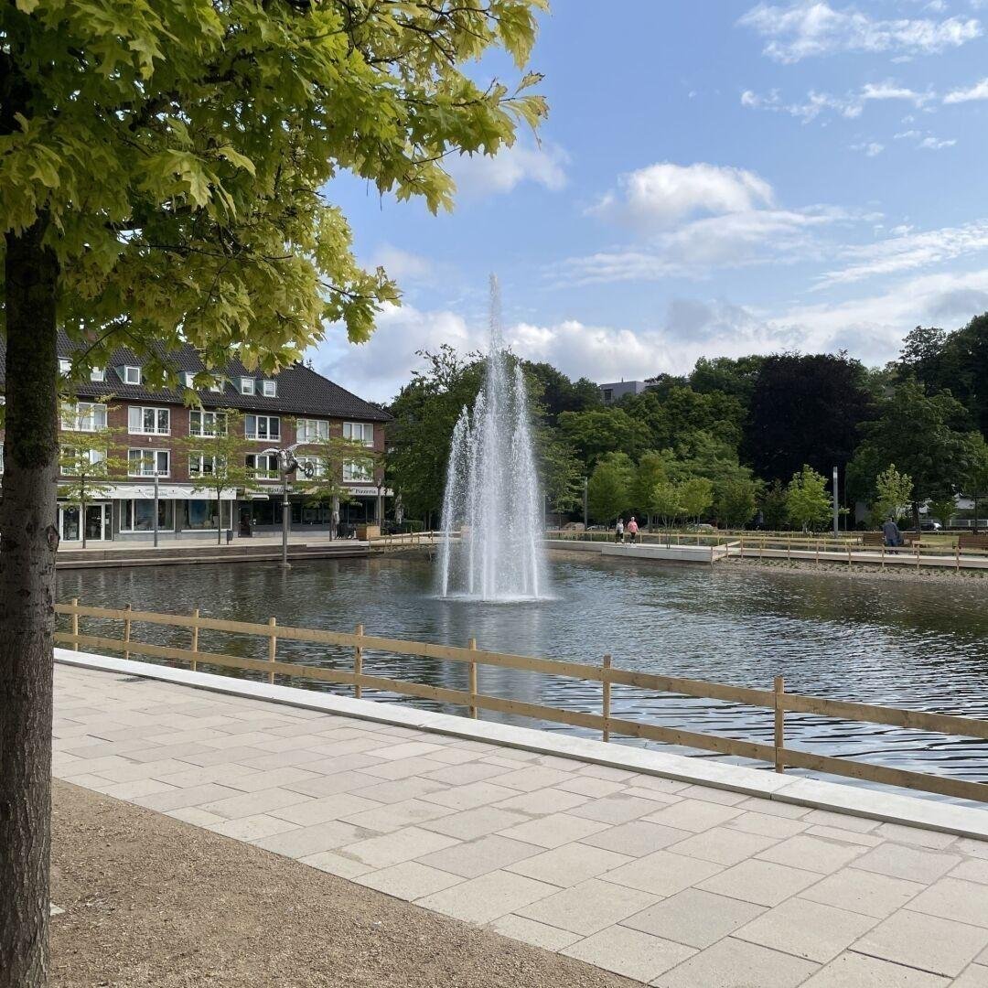 Auf der linken Seite ein kleines Bäumchen und ein Gebäude. Im Hintergrund einige Bäume. Um den Weiher stehen Laternen. Der Weiher ist von einem kleinen hölzernen Zaun umgeben. Im Vordergrund sieht man einen Teil des Gehwegs. Im Weiher eine Wasserfontäne die von 5 kleineren umringt ist.