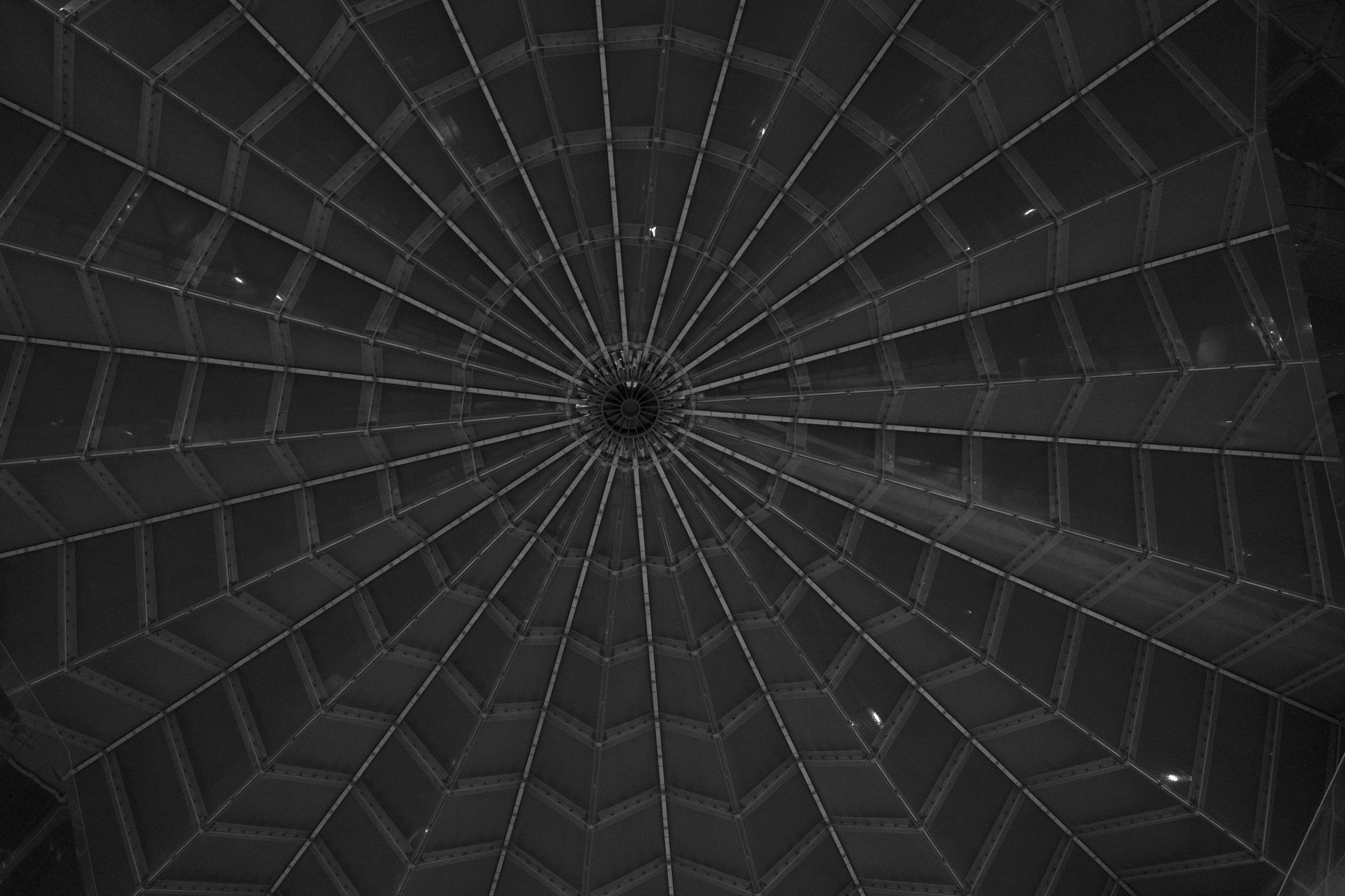 Photo format paysage en noir et blanc, montrant des rayons partant du centre de la toiture de la station Villejuif Gustave Roussy. Entre les rayons, des plaques de verre et des joints entre les plaques dessinent des cercles concentriques non régulier