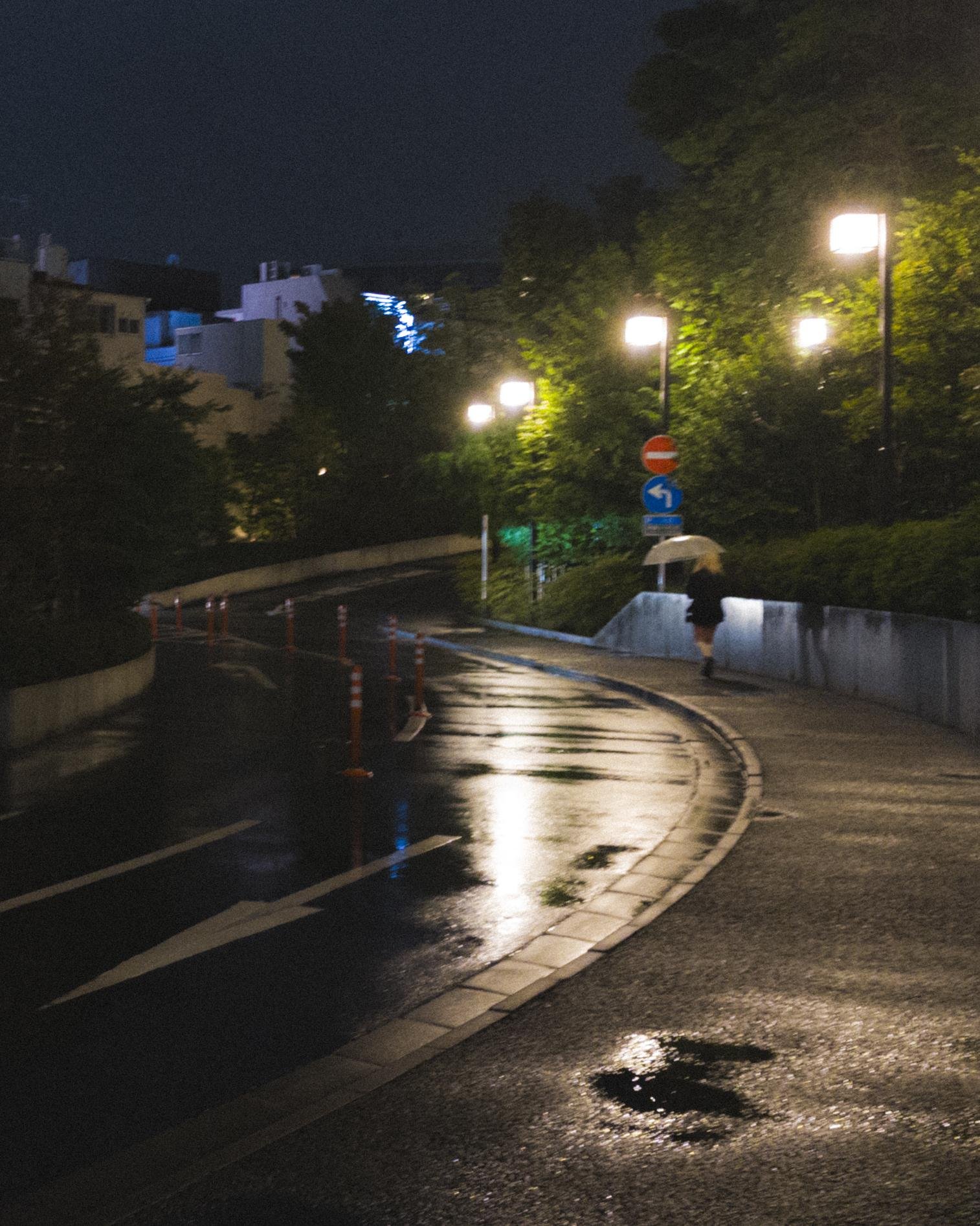 Wet, dimly lit urban street at night with reflective pavement. A lone figure holds an umbrella, walking on the sidewalk beside a gentle curve in the road. Streetlights illuminate the scene, casting warm light on surrounding trees and buildings. Puddles and traffic cones are visible along the road.