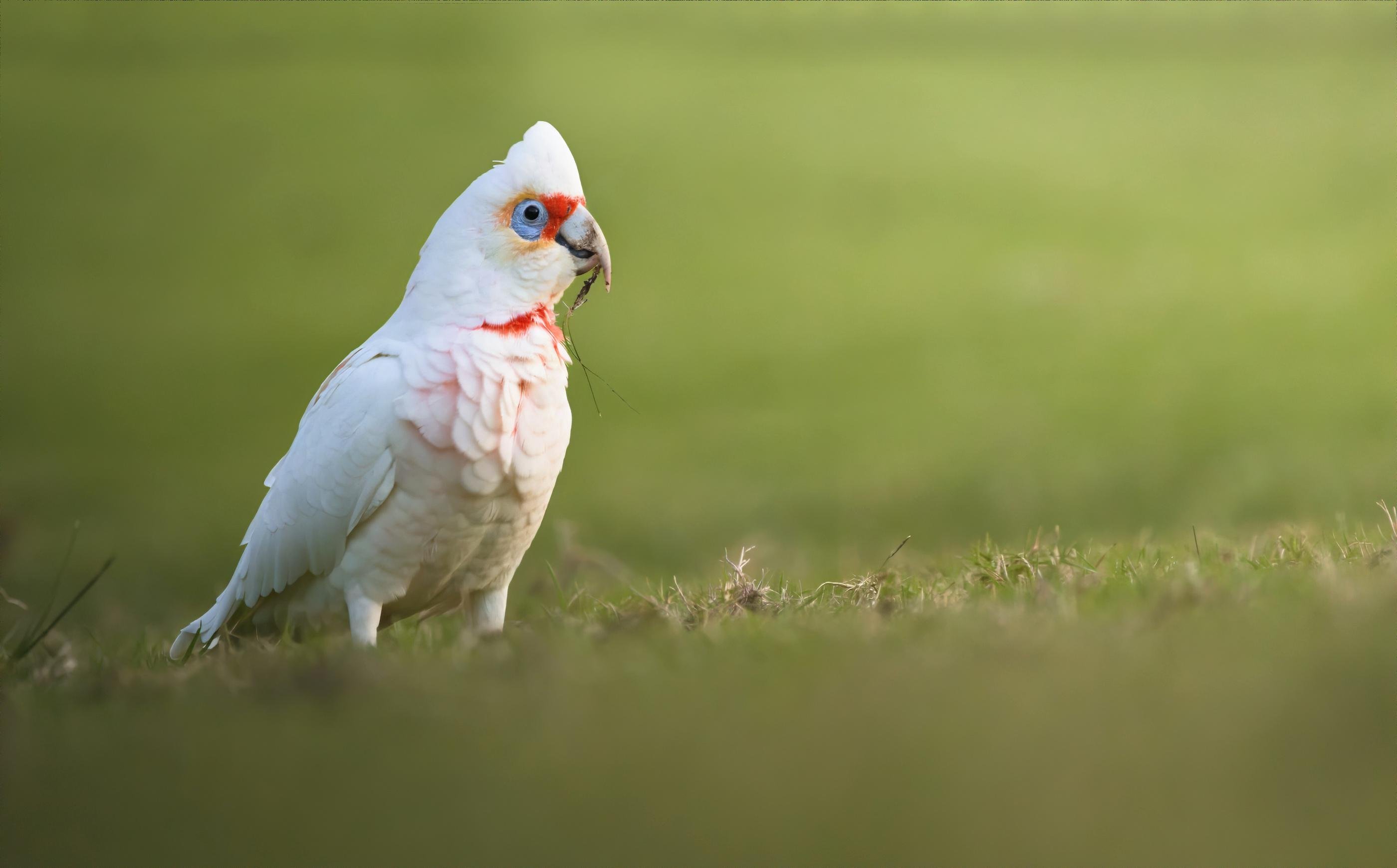 A long-billed corella standing on short green grass, shown in side profile with a small dark twig in its beak.
