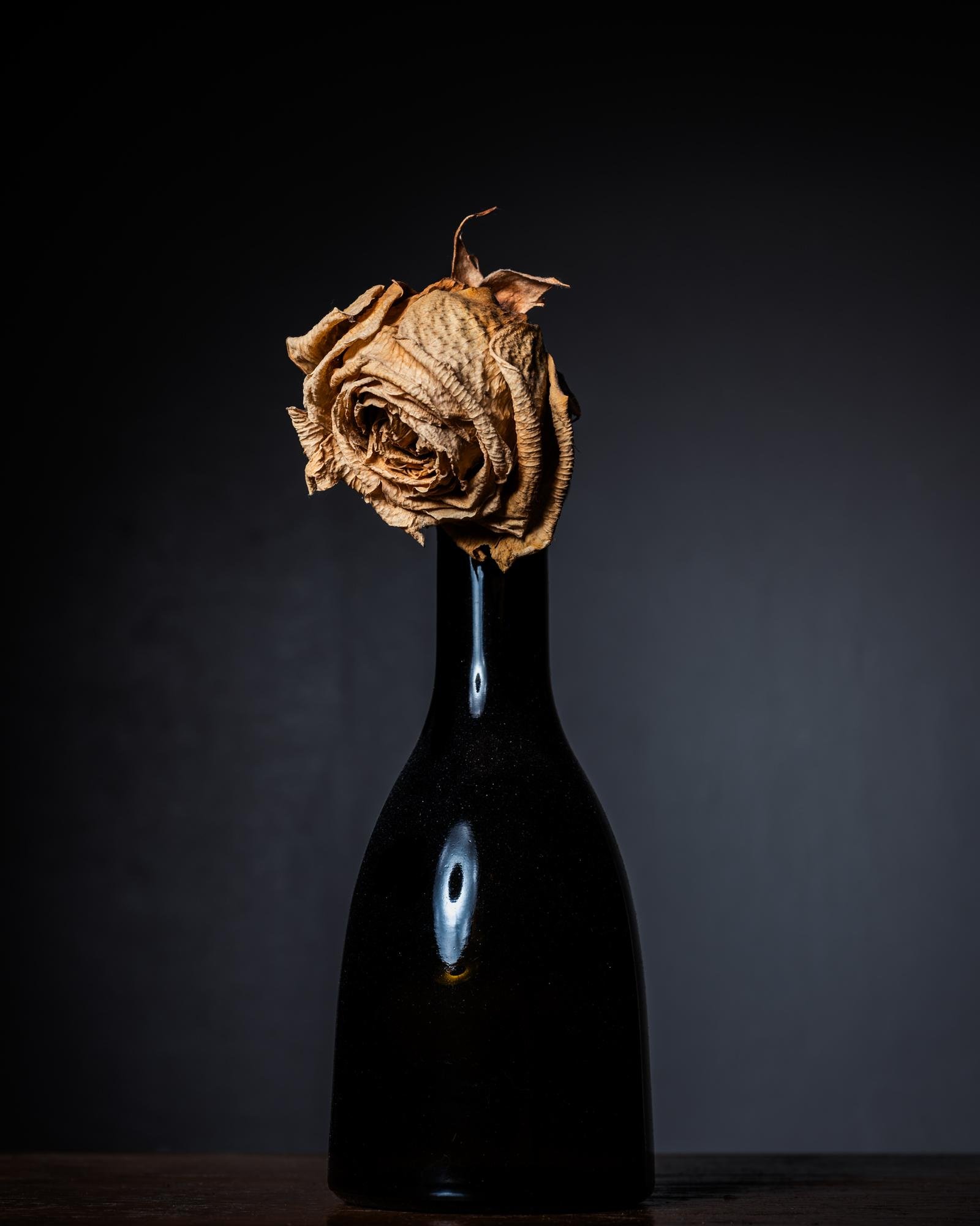 The image shows a dried rose placed in a dark glass bottle against a black background. The lighting highlights the texture of the dried petals and the reflective surface of the bottle.