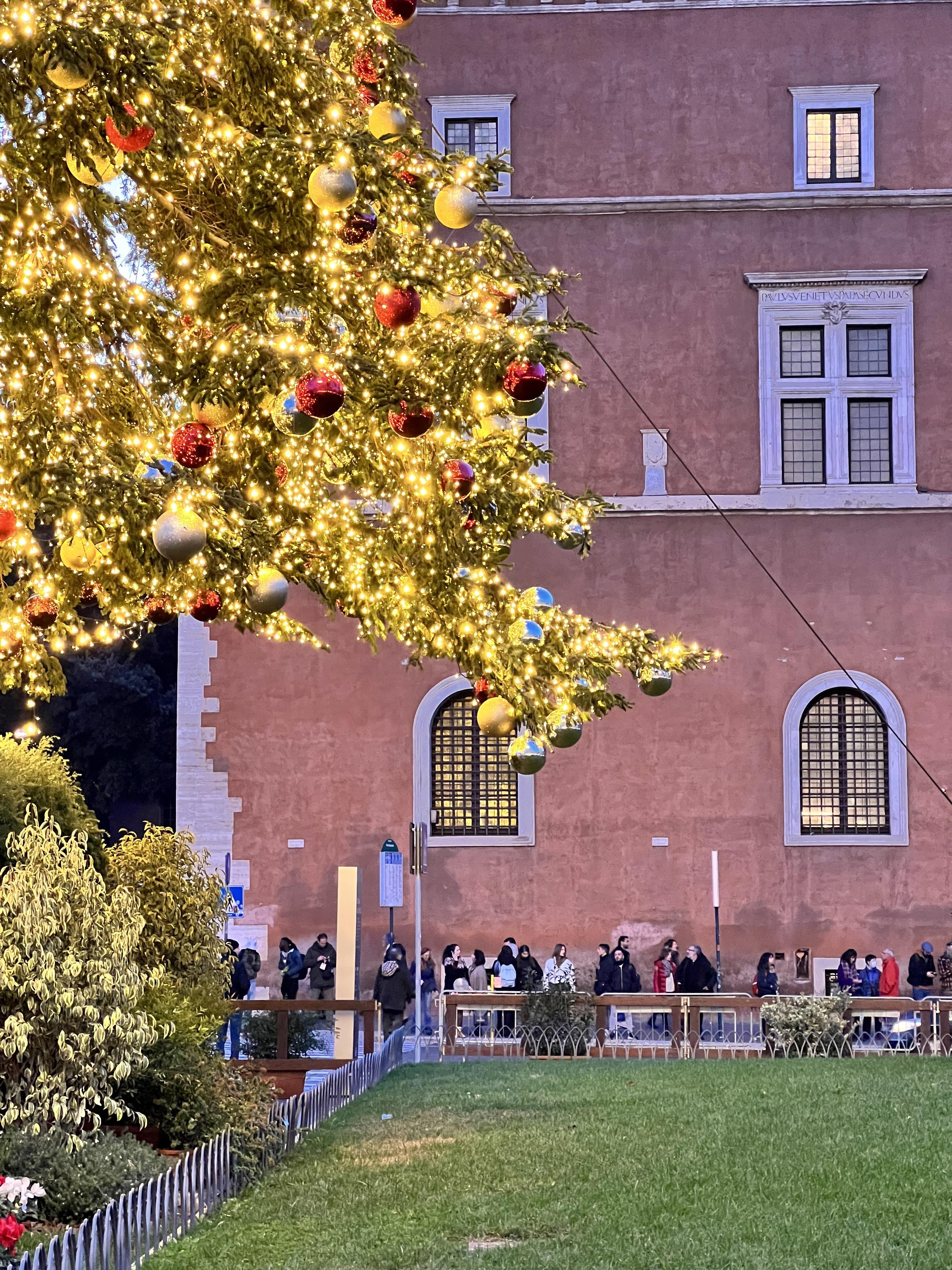 Albero di Natale brillantemente decorato con luci e ornamenti. Sullo sfondo, c’è un vecchio edificio con diverse finestre. Un gruppo di persone è in piedi o cammina vicino all’edificio, e c’è un’area erbosa con piante e cespugli in primo piano