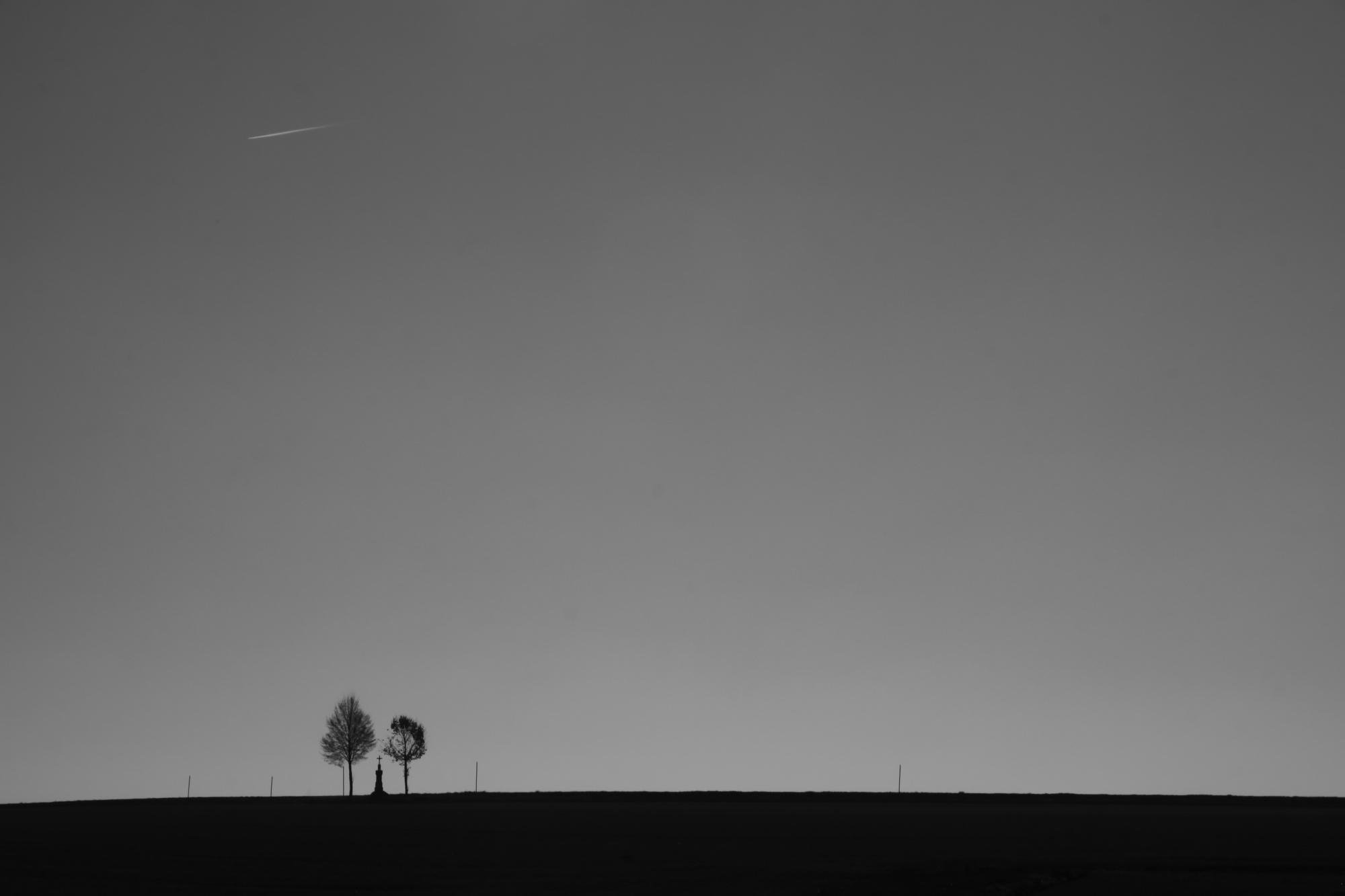 Black-and-white landscape with a wide, empty sky above a dark horizon line; two leafless trees stand near the left side, and a thin streak appears high in the sky.