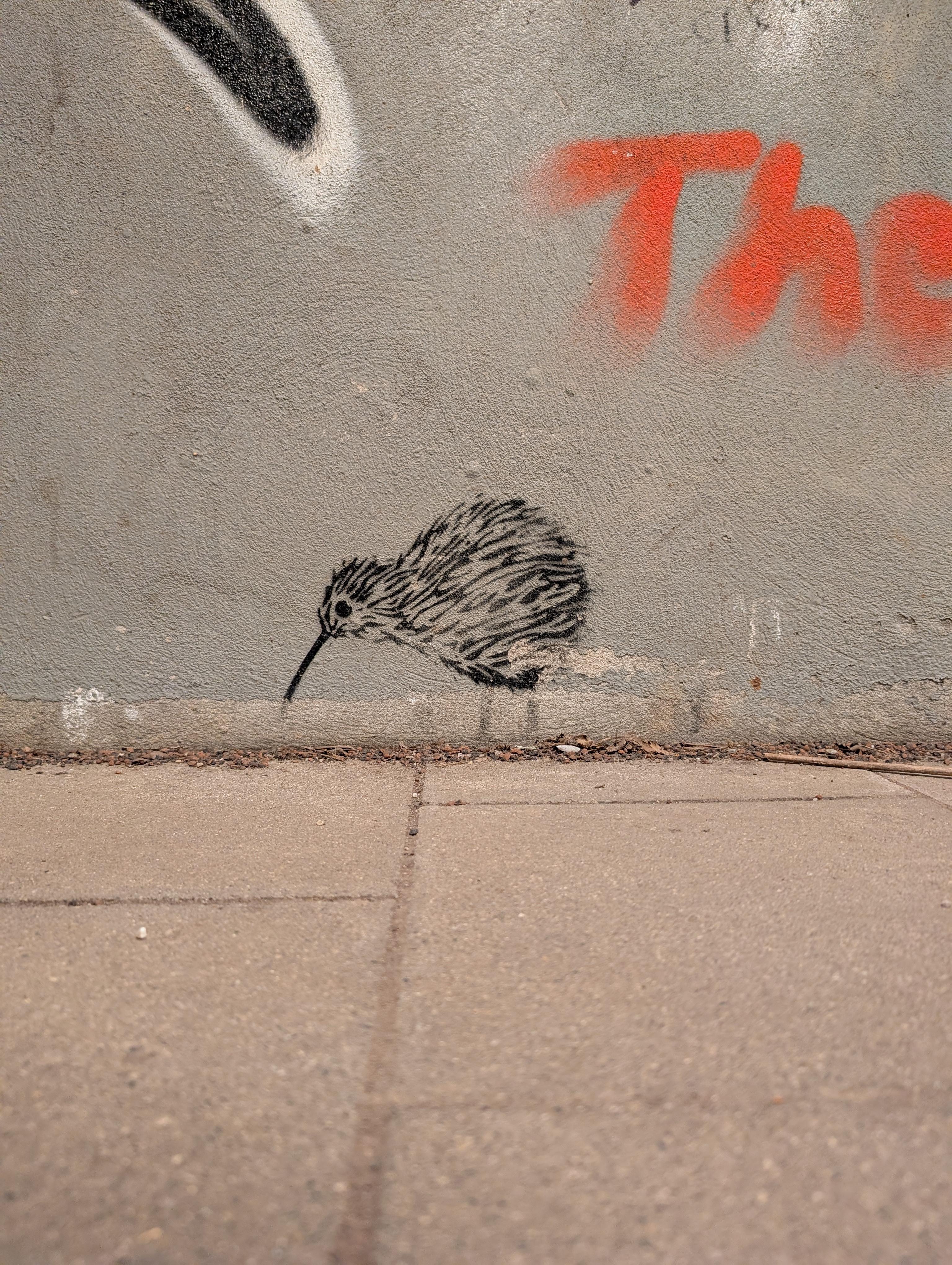 The image shows a piece of street art on a wall depicting a small bird, resembling a kiwi, painted in black and white.