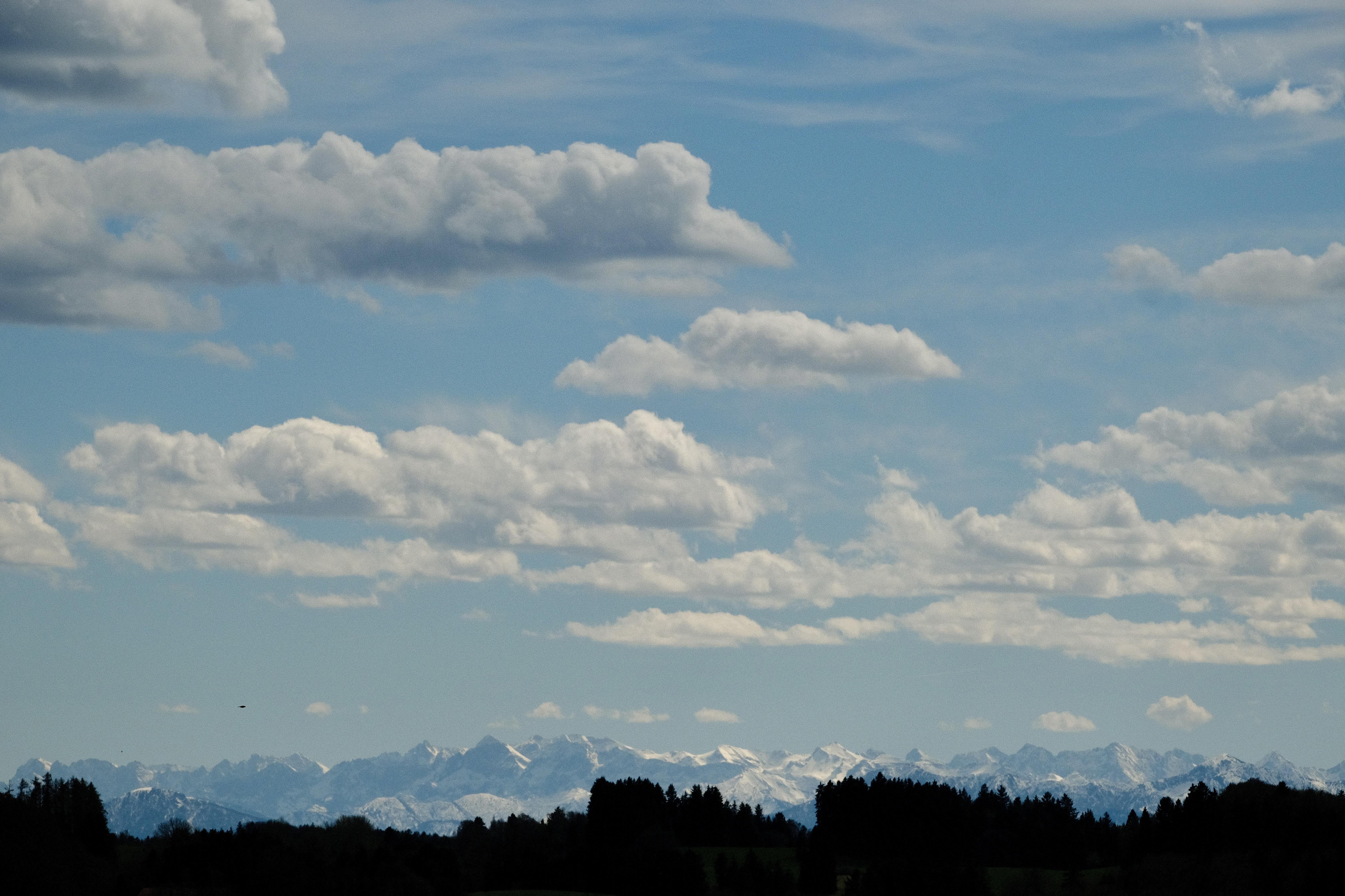 Snow-capped mountain range on the horizon beneath a blue sky filled with layered white clouds, with a dark tree line silhouetted across the bottom of the frame.