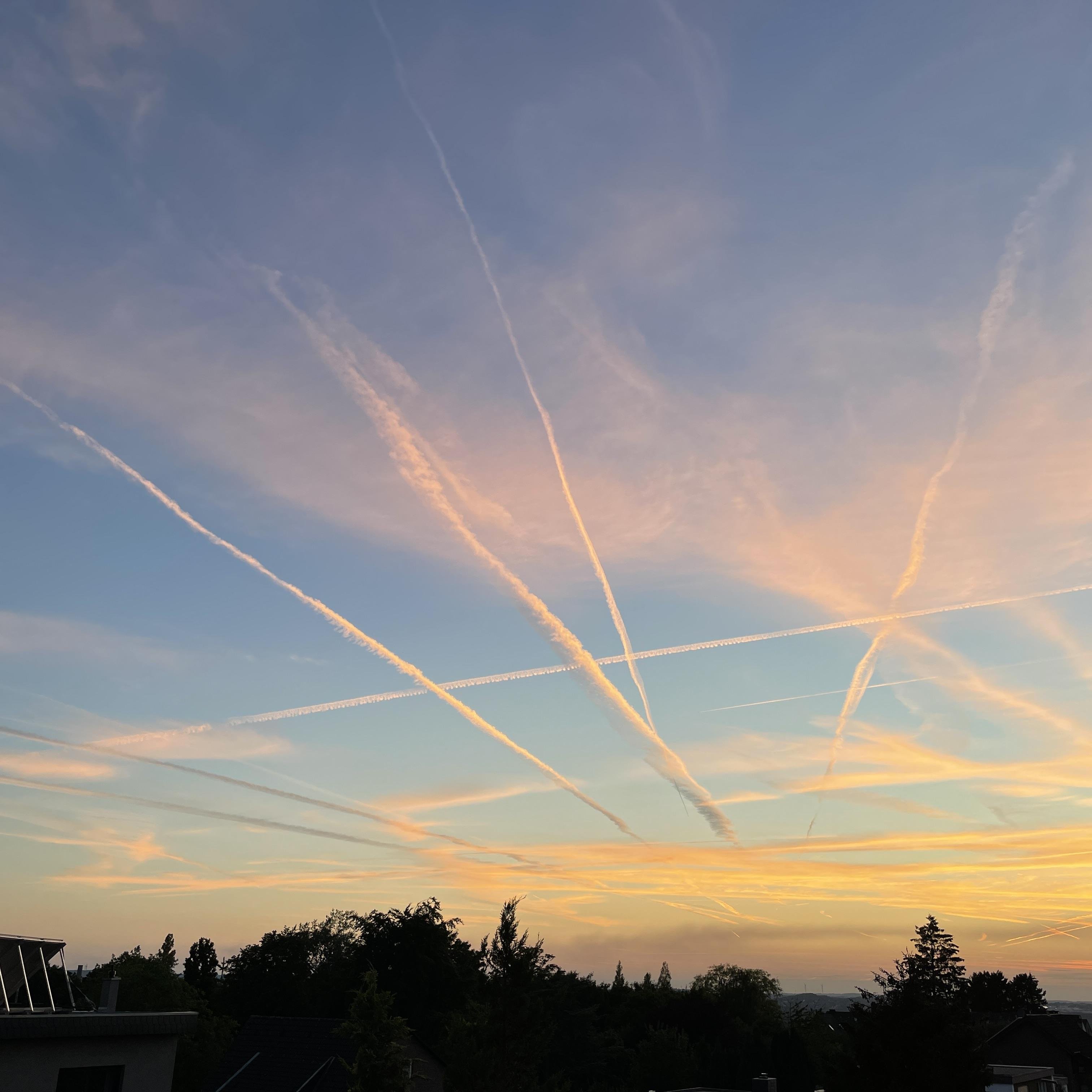 Das Bild zeigt einen Abendhimmel mit vielen Kondensstreifen in einem warmen Orange- und Rosaton. Im Vordergrund sind Bäume und Dächer zu sehen, die als Silhouette vor dem Himmel stehen.