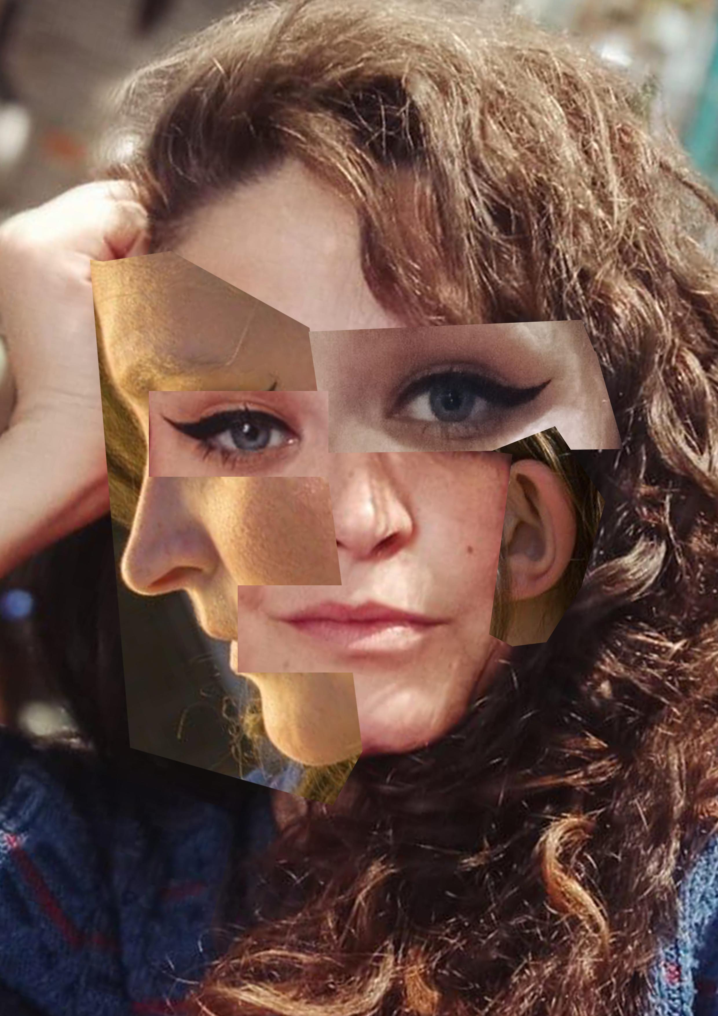 Retrato cubista a color hecho a base de un fotomontaje en el que se han combinado partes de un rostro en diferentes perspectivas y procedentes de distintas fotos. Es una mujer de pelo rizado que tiene el codo apoyado en una superficie y se sujeta la cabeza con la mano. Aunque la mujer mira de frente, tiene dos ojos de fotos diferentes, dos narices en perspectivas diferentes, dos bocas en perspectivas diferentes y una oreja de perfil
