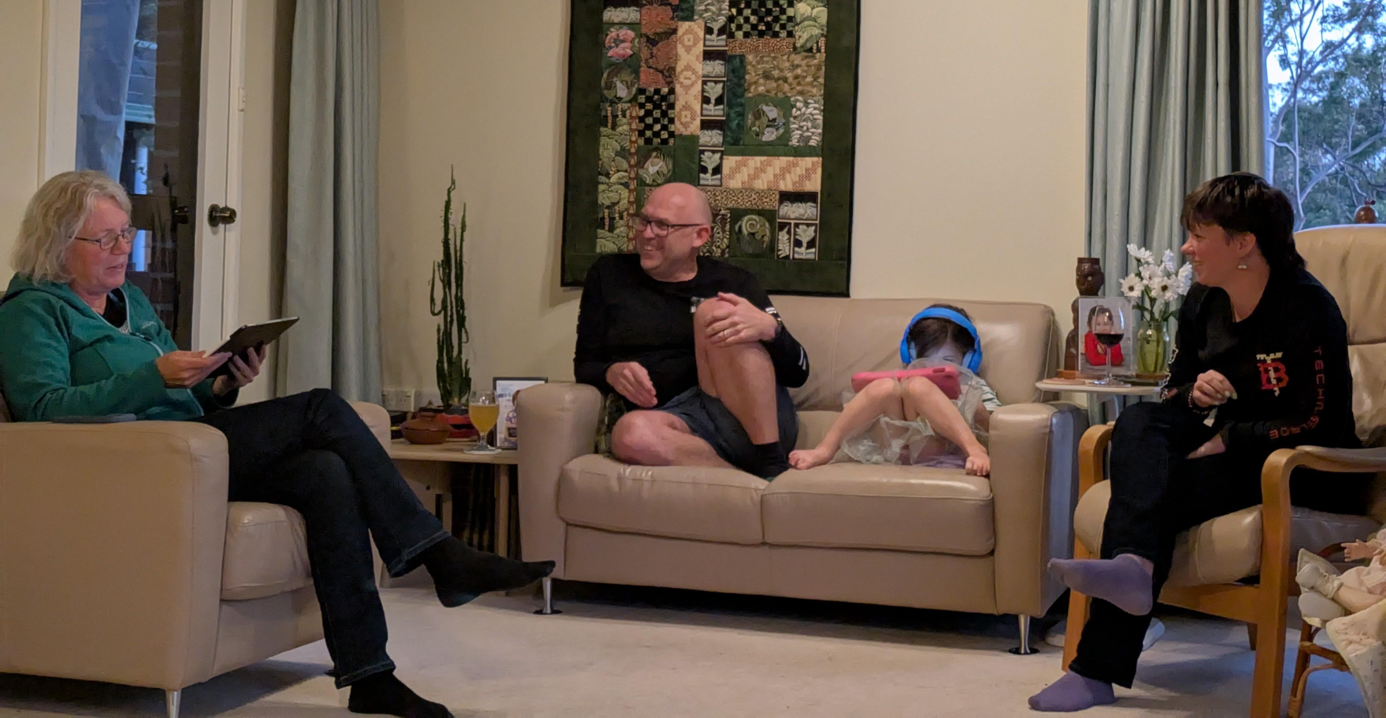 Craig and Abi ( playing on a tablet) flanked by house guests, Annemiek and Hanneke