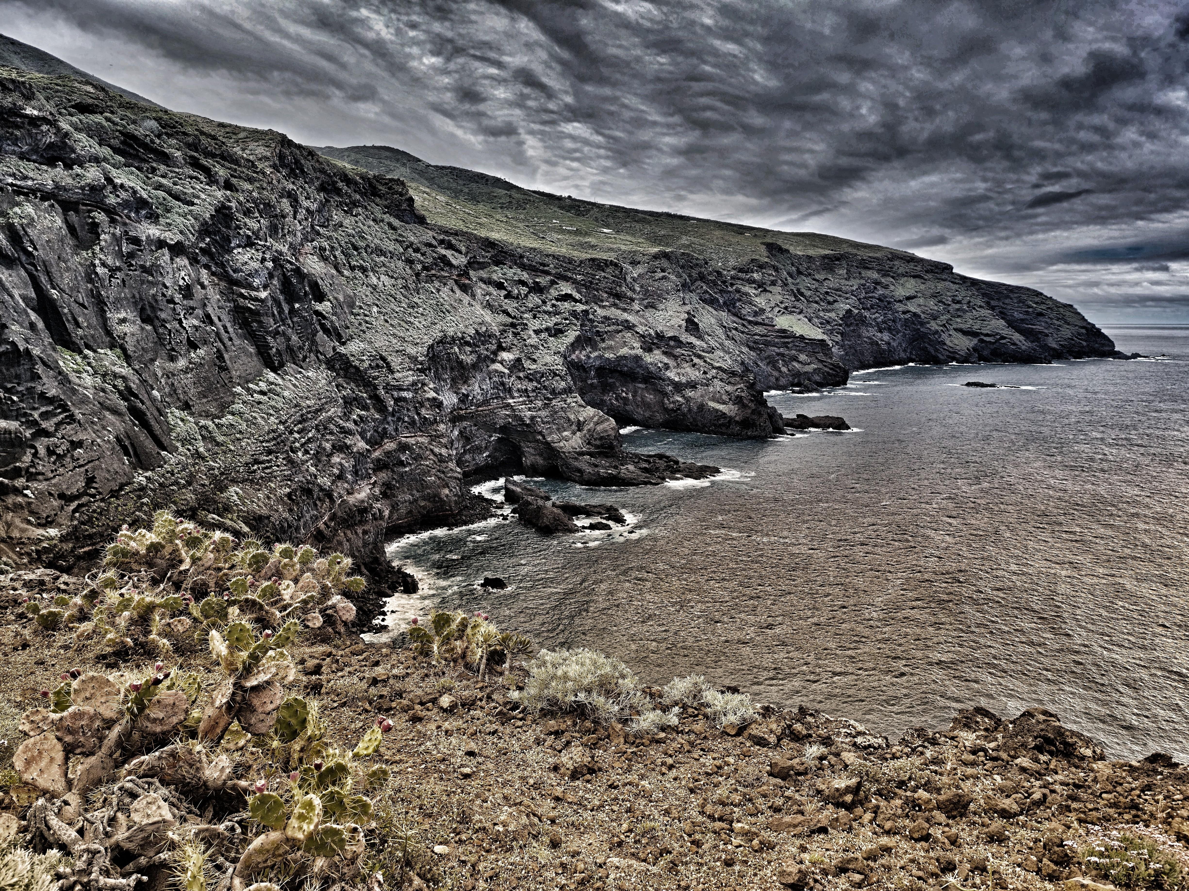 Rocky coastal cliffs curving along a shoreline, viewed from a high vantage point with cactus and scrub in the foreground, dark clouds overhead, and ocean waves breaking against small inlets and rocks below.