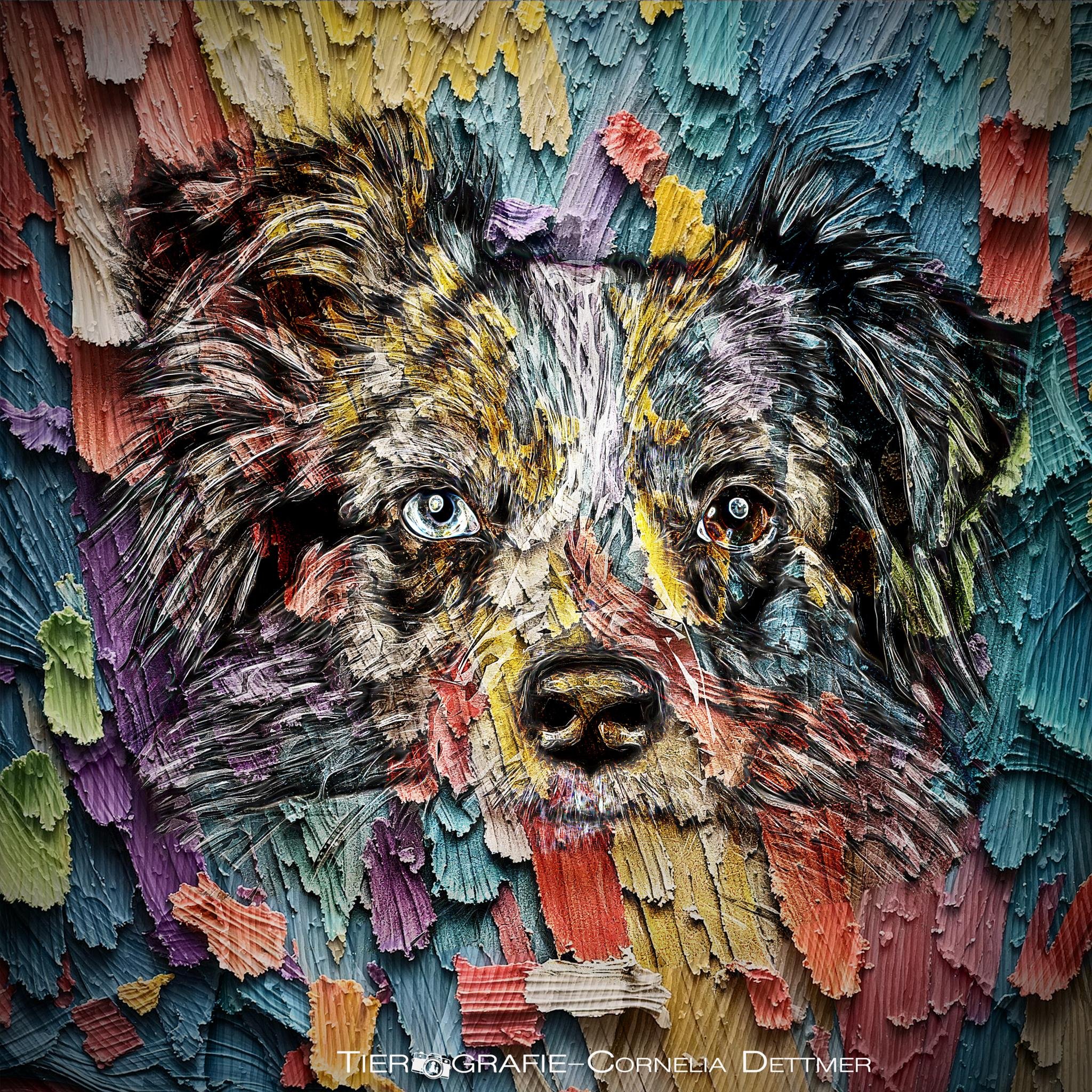 This image is an artistic depiction of a dog's face created using a textured, colorful palette knife painting technique. The brushstrokes are thick and vibrant, adding a sense of depth and movement to the artwork.