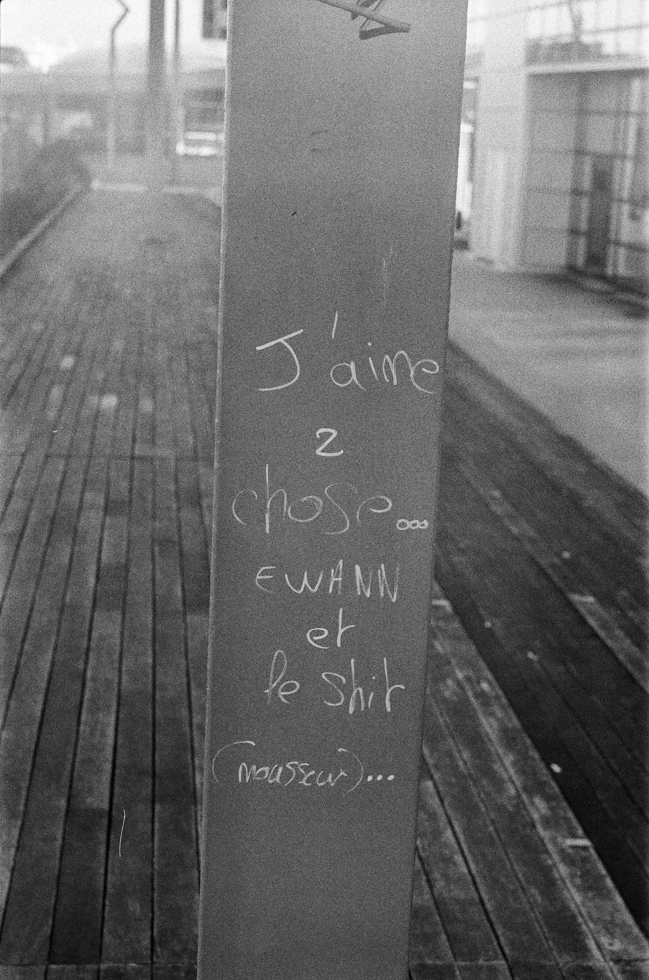 "J'aime 2 chose… ewann et le shit" ("I love 2 things… Ewann and weed") written on a light pole in Rennes