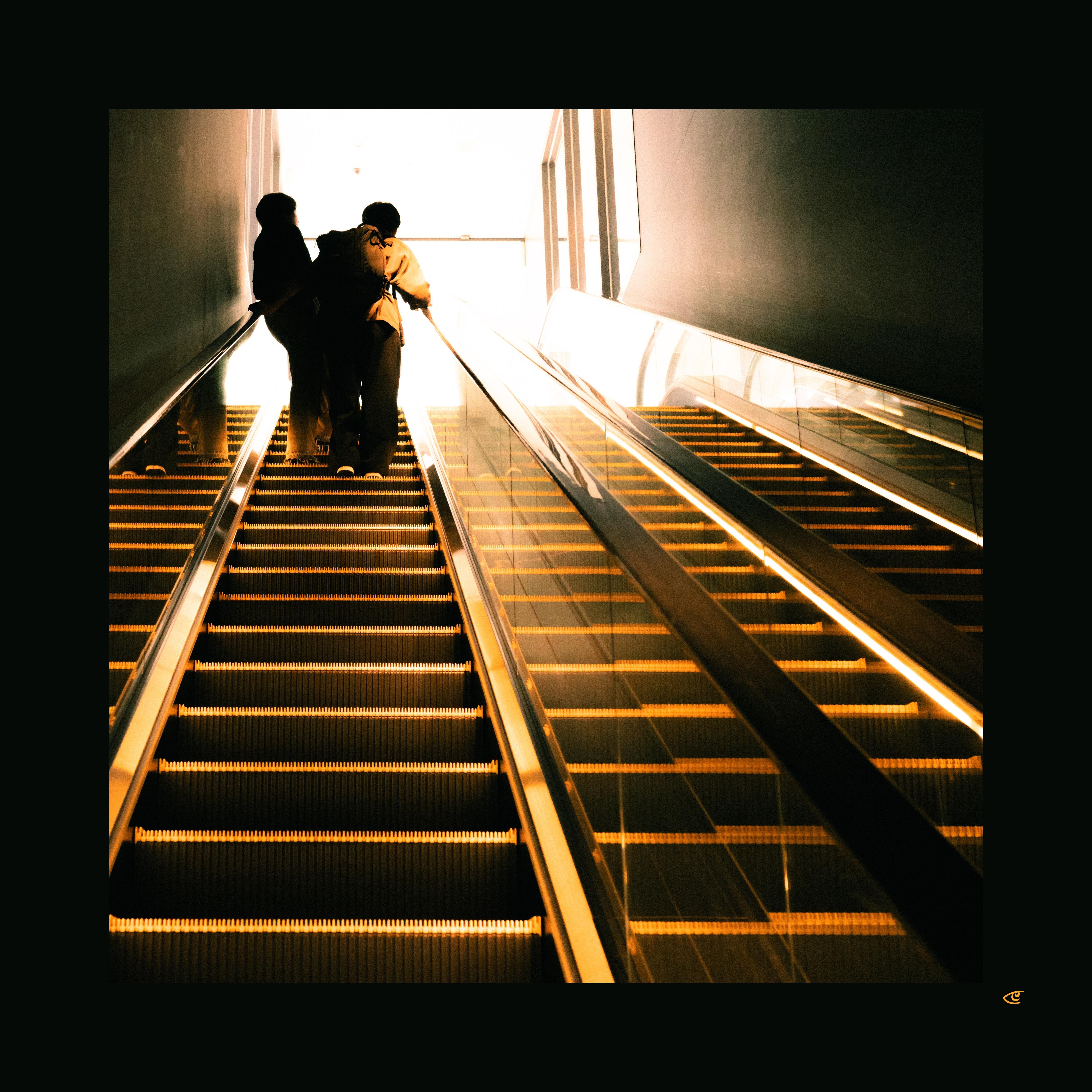 Two people riding up an escalator in a dim indoor corridor, silhouetted against bright light at the top, with a parallel escalator and reflective glass railing on the right.