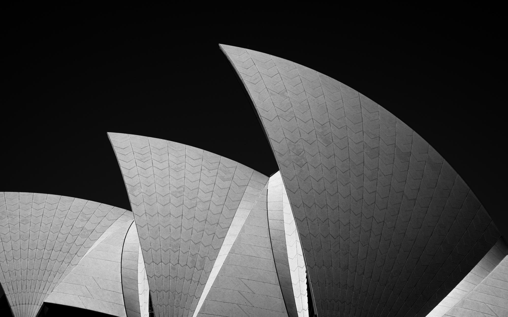 The image shows the iconic shells of the Sydney Opera House. The architectural shells are captured in a dramatic black and white composition, highlighting their unique shape and texture against a dark background.