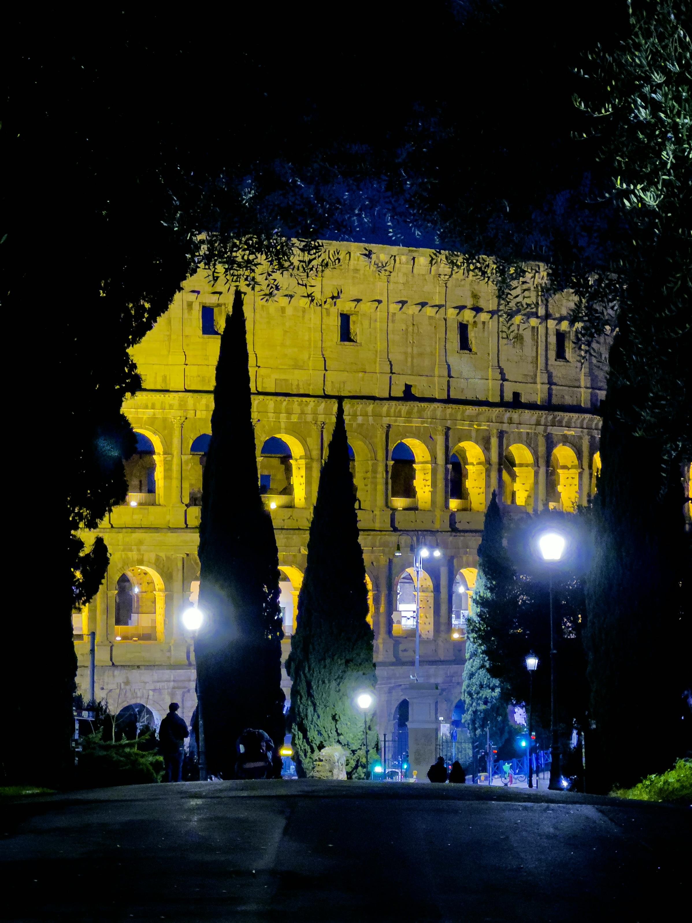 Vista notturna del Colosseo illuminato da luci calde, incorniciato lateralmente dalle sagome scure di alberi e cipressi. In primo piano un viale in ombra che conduce verso il monumento romano, creando un contrasto tra l'oscurità della vegetazione e l'oro delle arcate antiche.